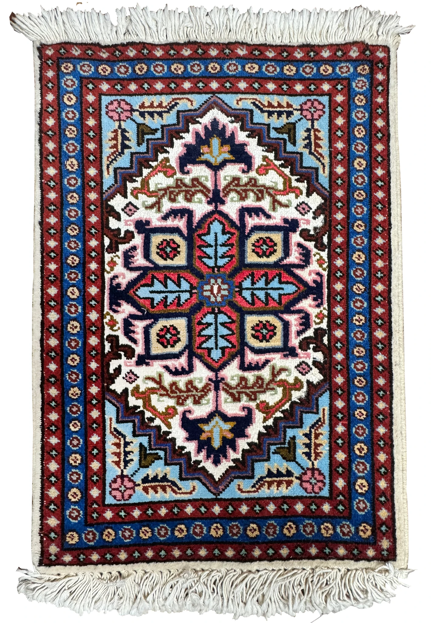Full view of 1'3 x 2' Persian Ardebil Wool & Silk Poshti rug with central medallion and geometric borders.