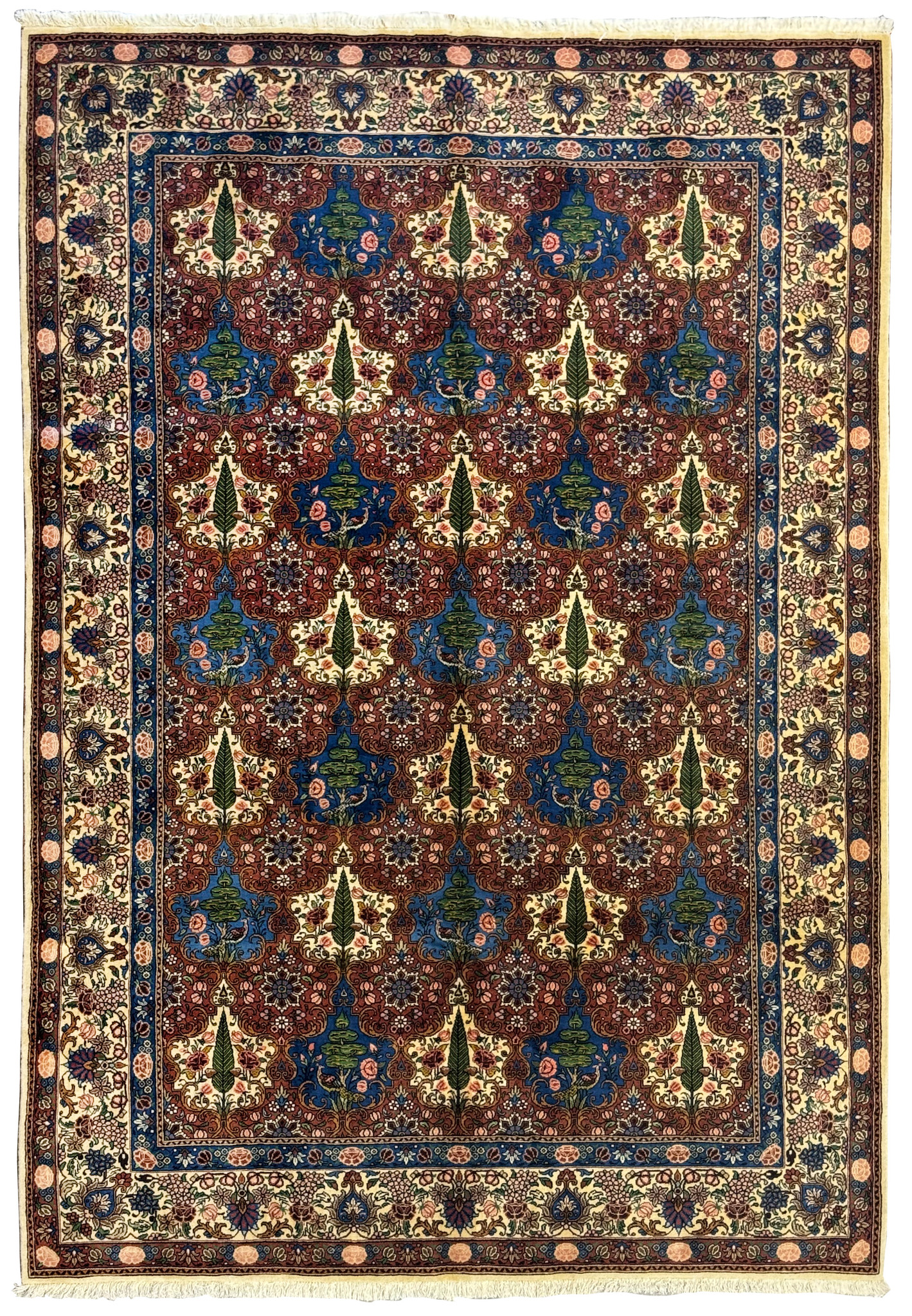 Full view of a 6'9 x 10'3 Persian Bakhtiar Rug, featuring intricate floral patterns, vines, trees, and birds in vibrant colors.