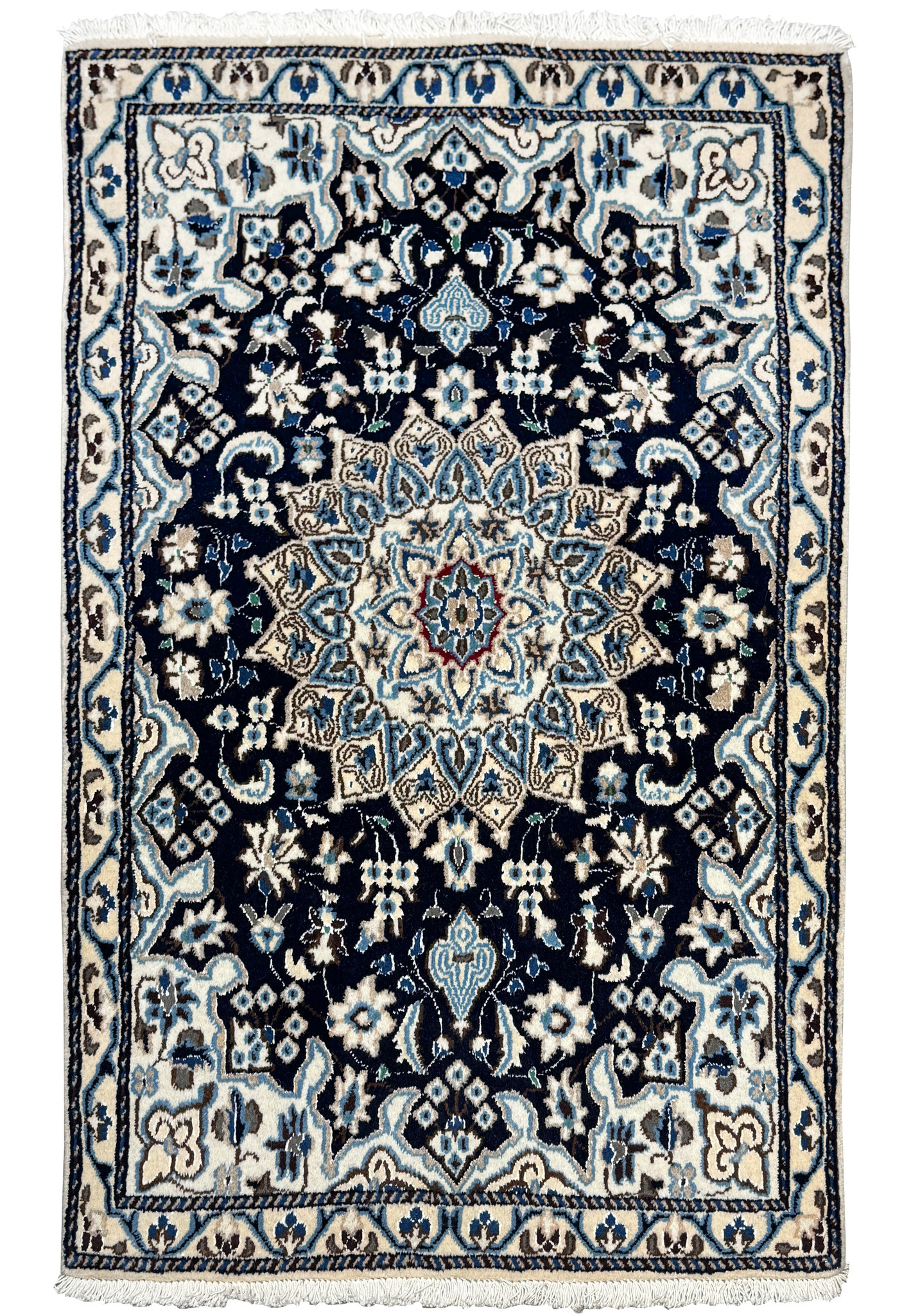 Full view of 2'8 x 4'6 Persian Nain Rug showcasing a large central medallion with floral patterns in navy, light blue, and ivory.