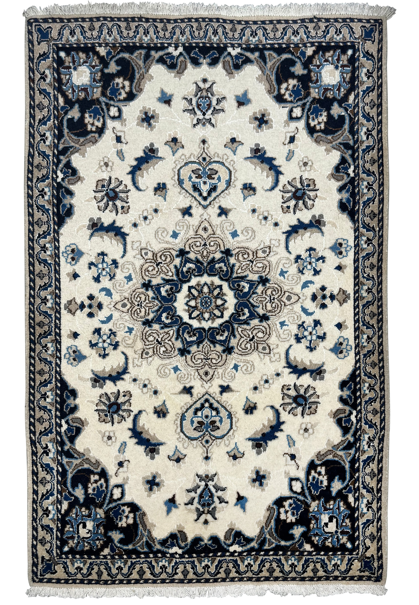 Full view of 3' x 4'8 Nain Persian rug showcasing a detailed central medallion and intricate floral designs in blue, beige, and ivory.