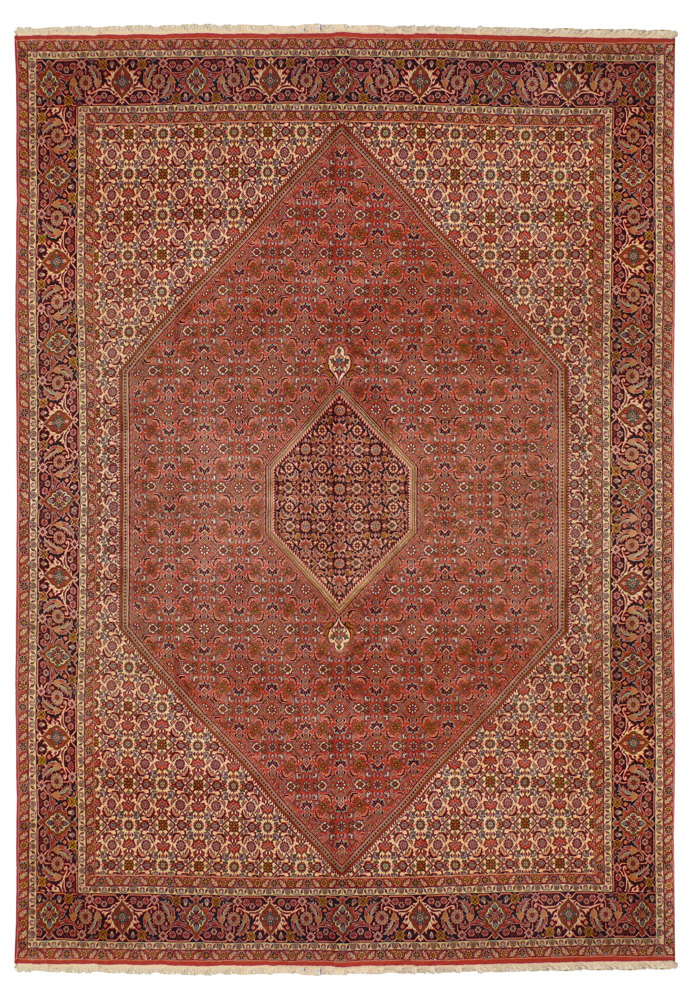 Full view of a handwoven 8 x 11 Persian Bijar Rug, featuring a large hexagonal medallion and intricate patterns.