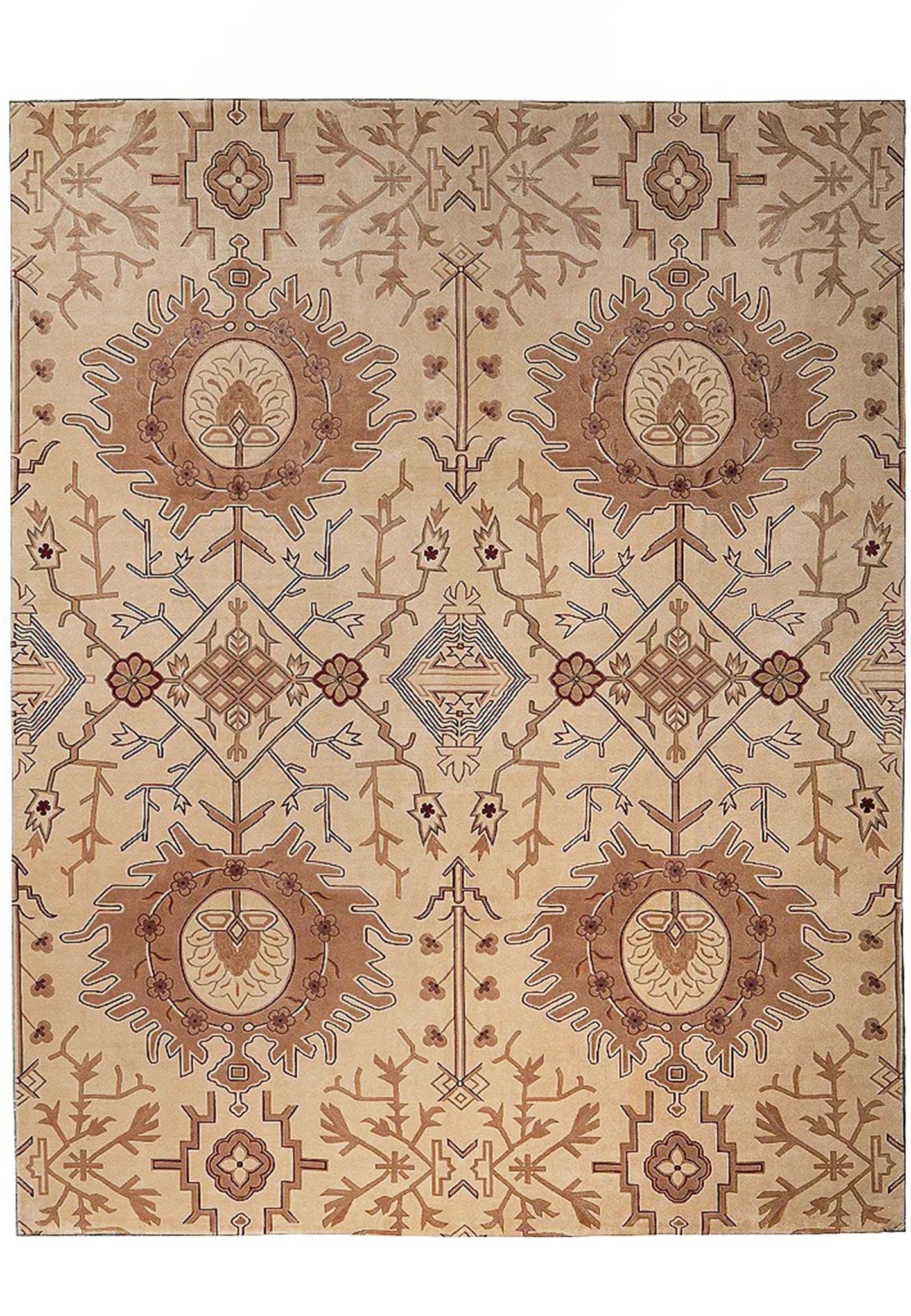Full view of 7'8 x 9'8 Modern Nepal rug with abstract geometric pattern and neutral tones