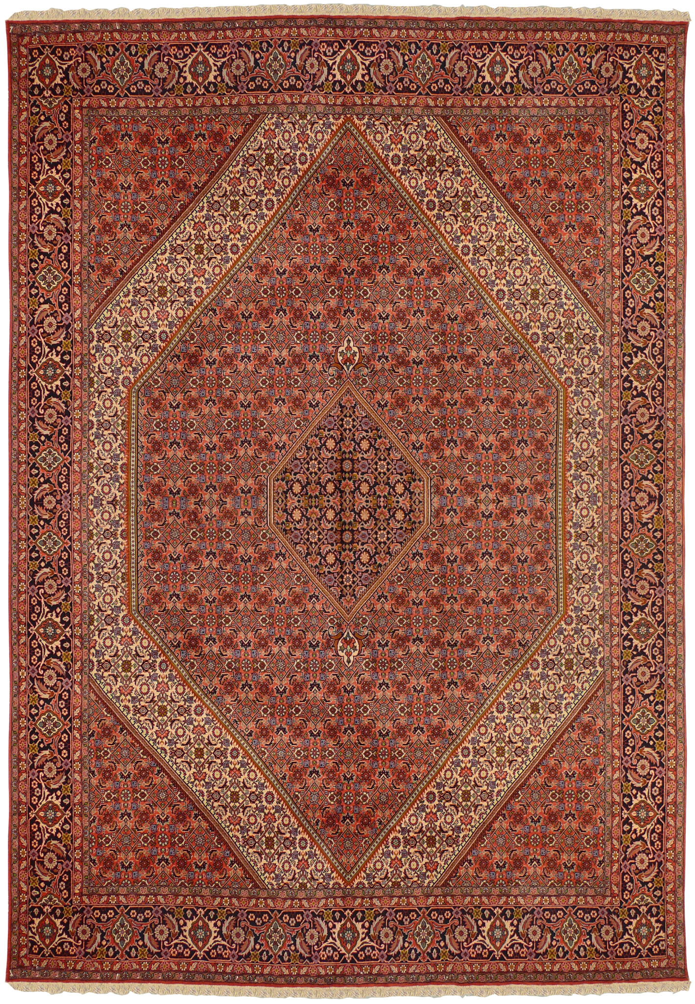 Full view of 8 x 11'5 Persian Bijar Rug showing traditional Herati design and rich red field.