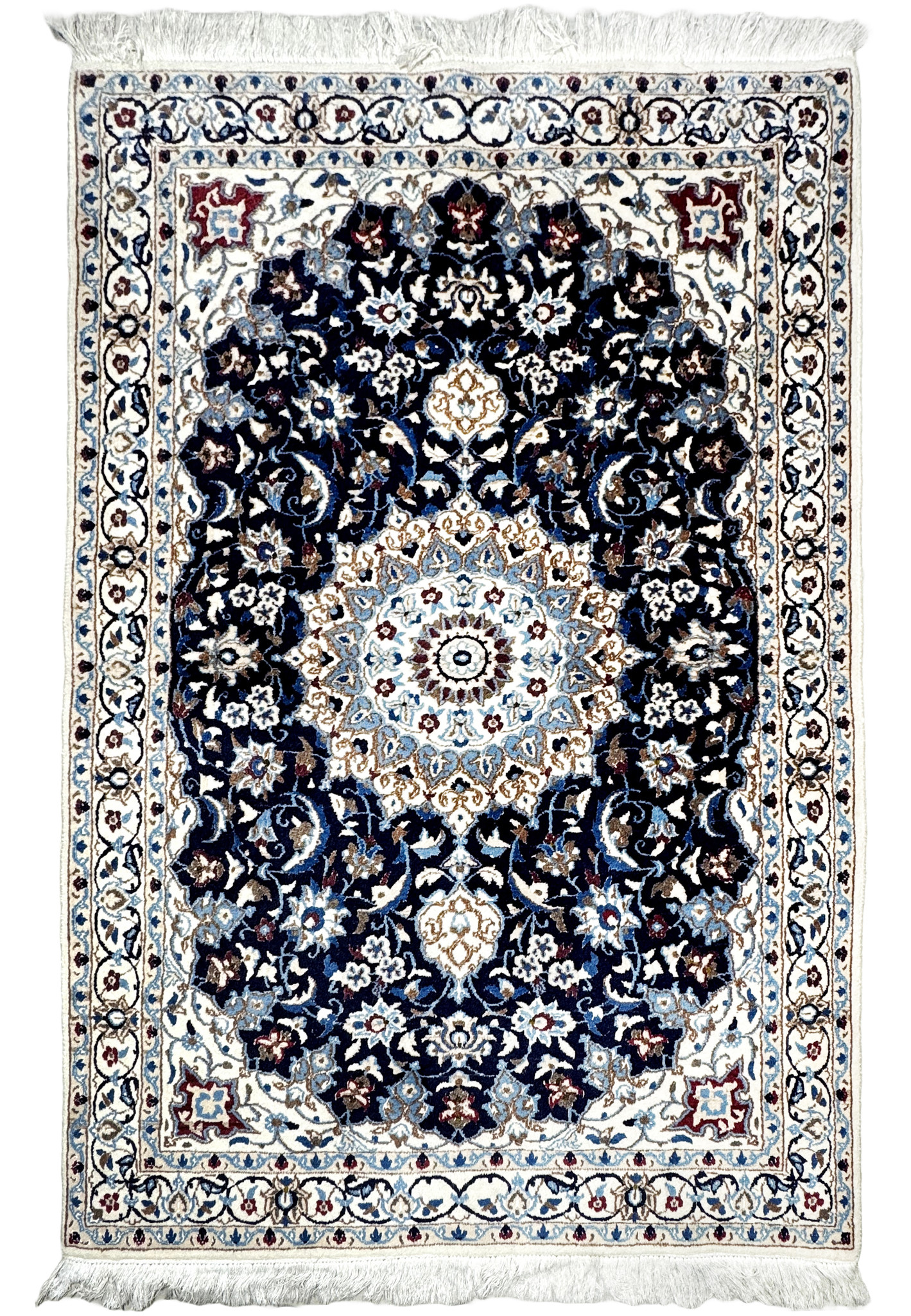Full view of 3'9 x 5'8 Persian Nain rug with navy blue background and ivory floral medallion