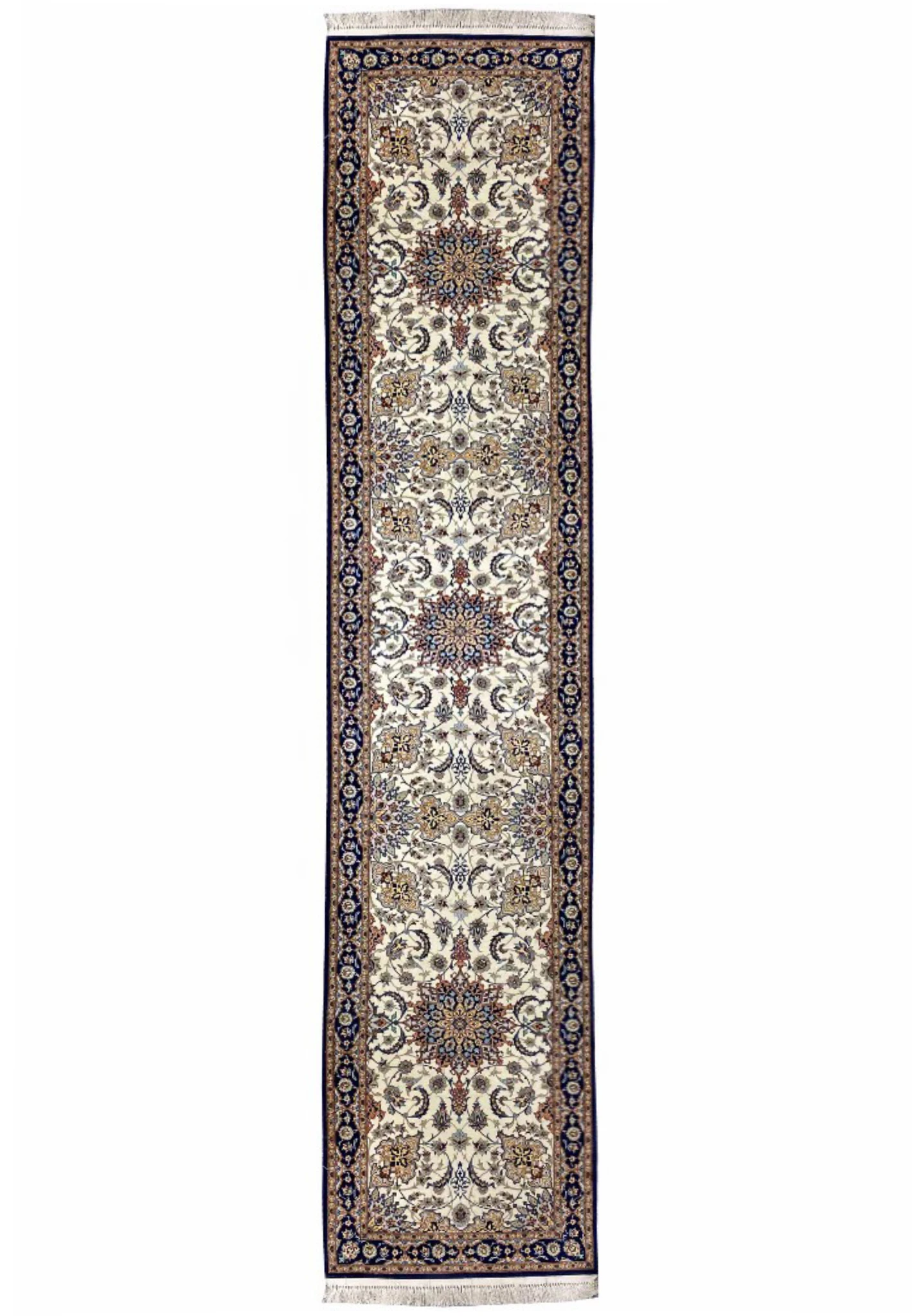 Entire 2'7 x 13 Persian Isfahan wool and silk runner with ivory field, navy borders, and three medallions.