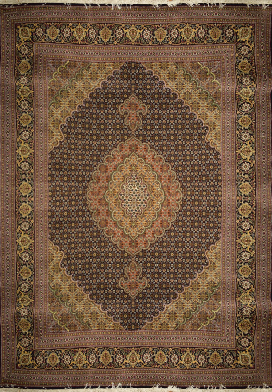 Full view 5×7 hand-knotted Persian Mahi Tabriz 50 Raj wool & silk rug with central medallion and floral border design