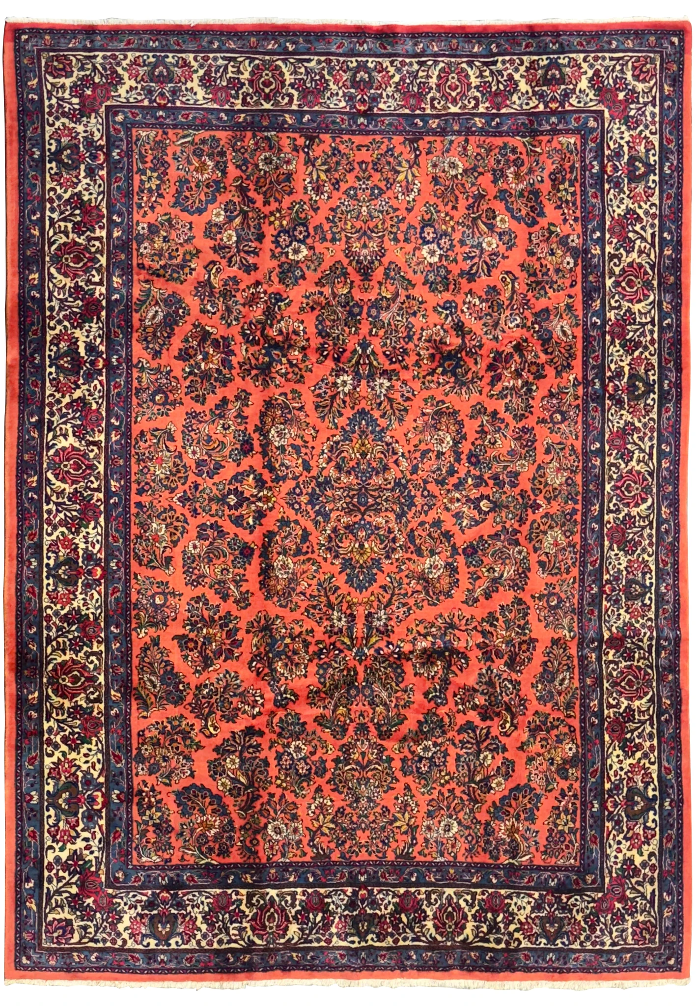 8'5 x 11'3 Persian Sarough rug with burnt coral red field, navy and ivory floral borders, hand-knotted wool, traditional all-over floral design.