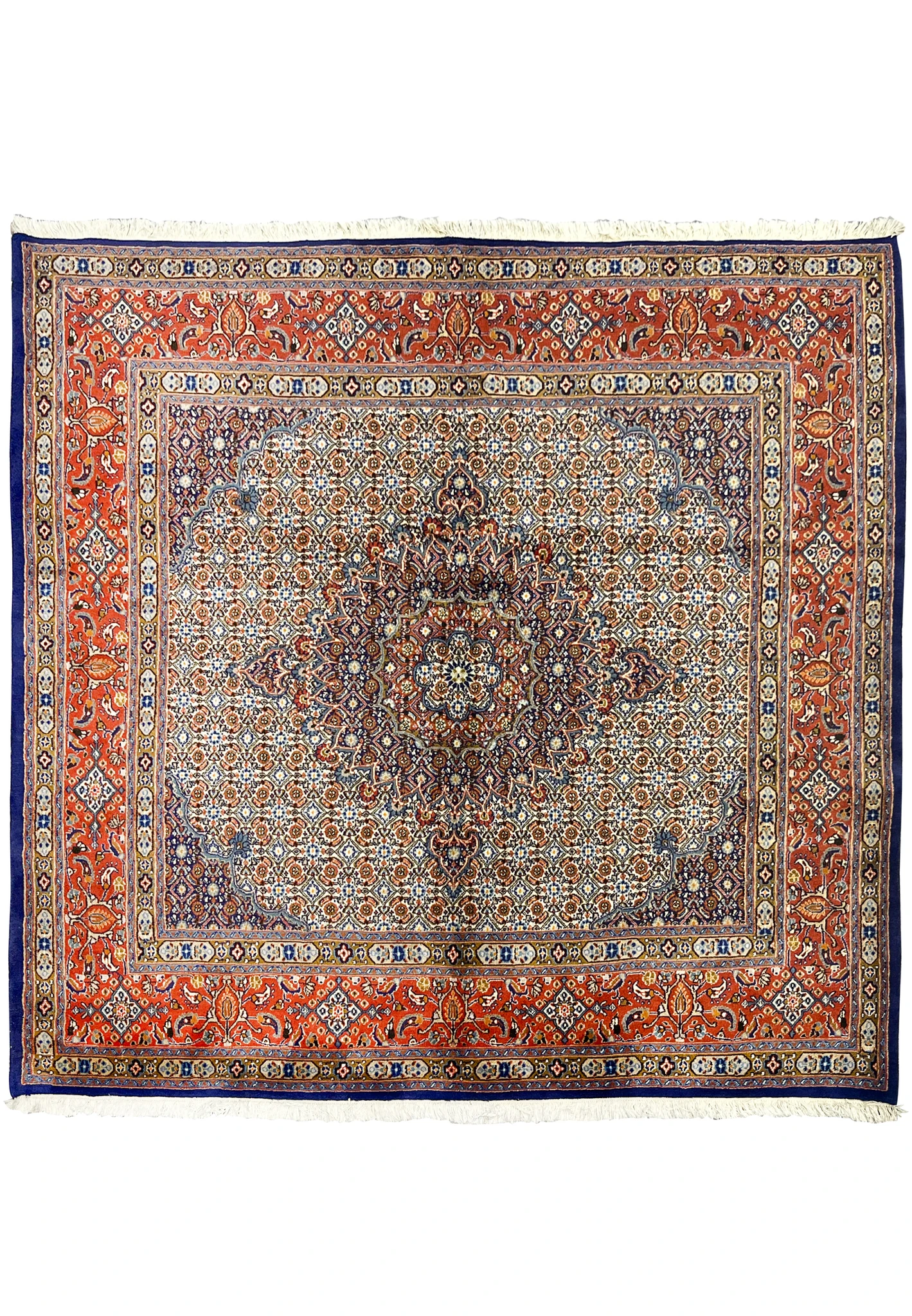 Full overhead view of the 6'5 x 6'9 Square Persian Moud Rug showing the detailed ivory field with rust-red borders and intricate navy floral medallion in a balanced Herati lattice pattern.