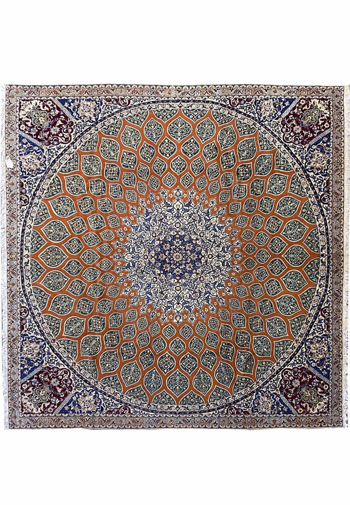 Full view of the 9'6" x 9' square Persian Nain 6La silk rug featuring a radiant medallion, rust-orange field, navy-blue floral motifs, and intricate ivory borders hand-knotted in Iran.