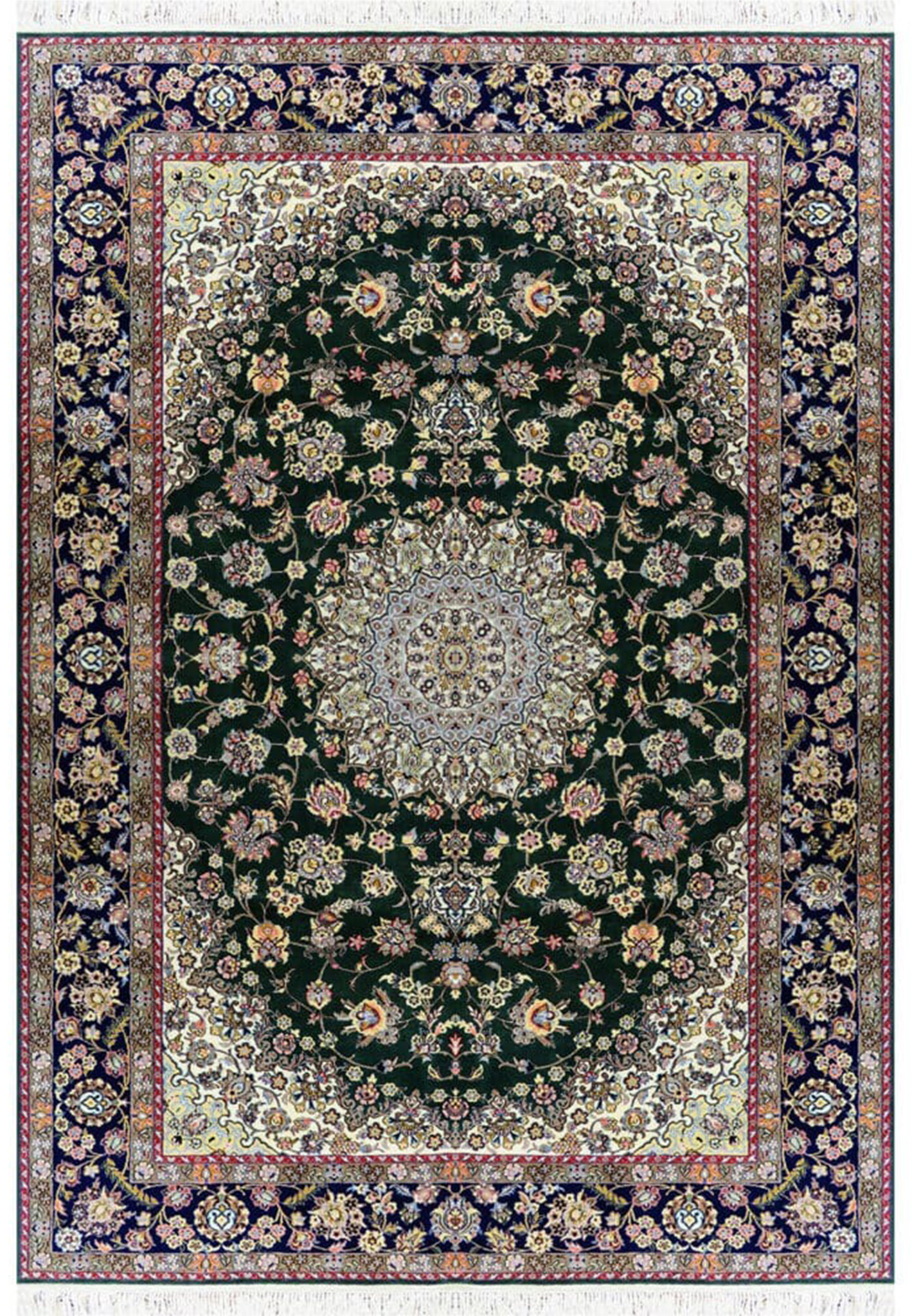 7x10 deep forest green Persian Nain 9LA rug with ivory medallion, navy floral border, fine wool and silk detail, hand knotted in Iran