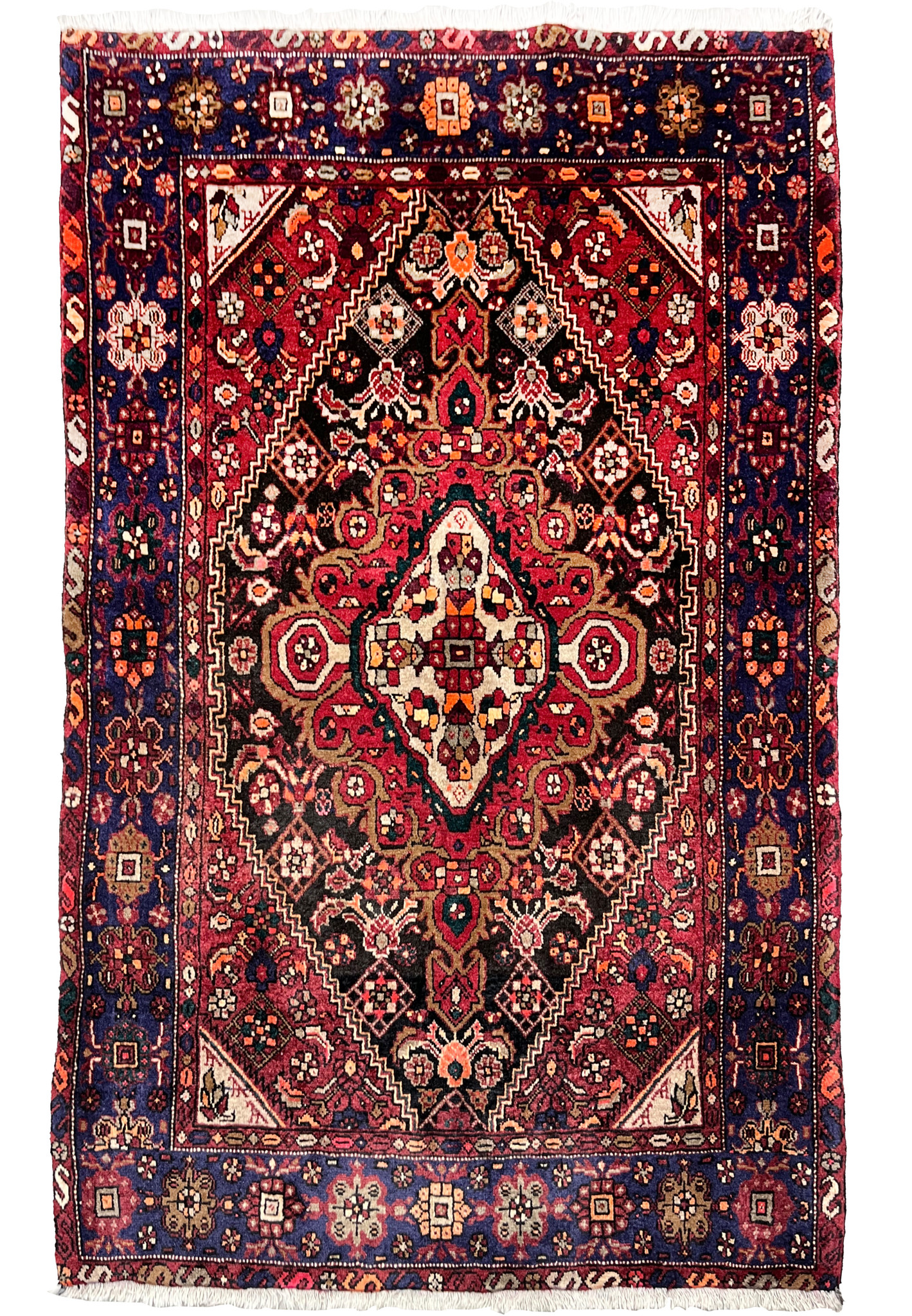 Full view of a 3'4 x 5'5 Persian Gholtogh rug with a deep red field, navy border, bold tribal medallion, and dense hand-knotted wool texture