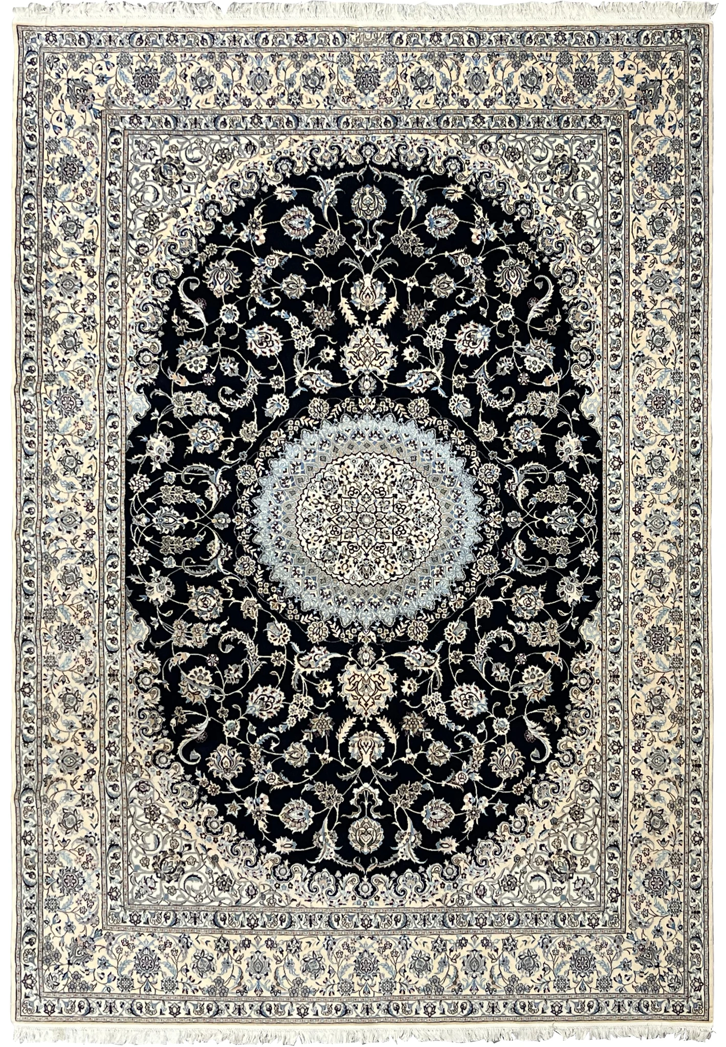 7 x 10 Persian Nain 6 LA Habibian signed silk rug with navy field, ivory border, circular medallion, fine floral detailing, and luminous silk pile