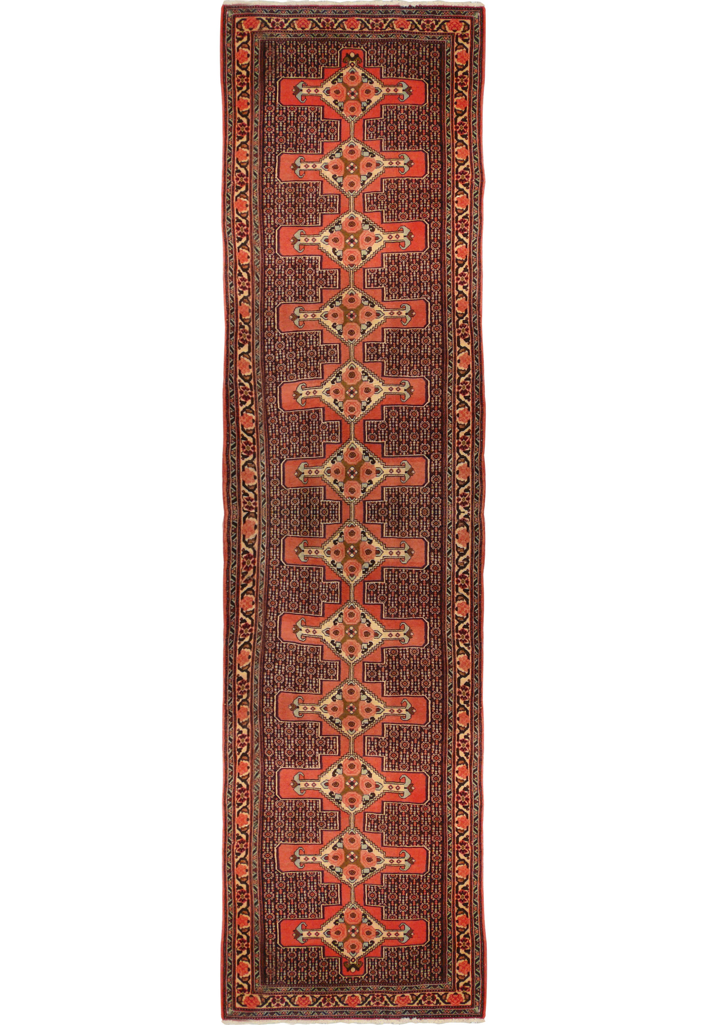 Full length Persian Senneh runner rug 3x12 hallway size red navy field with repeating medallions and floral border handmade wool