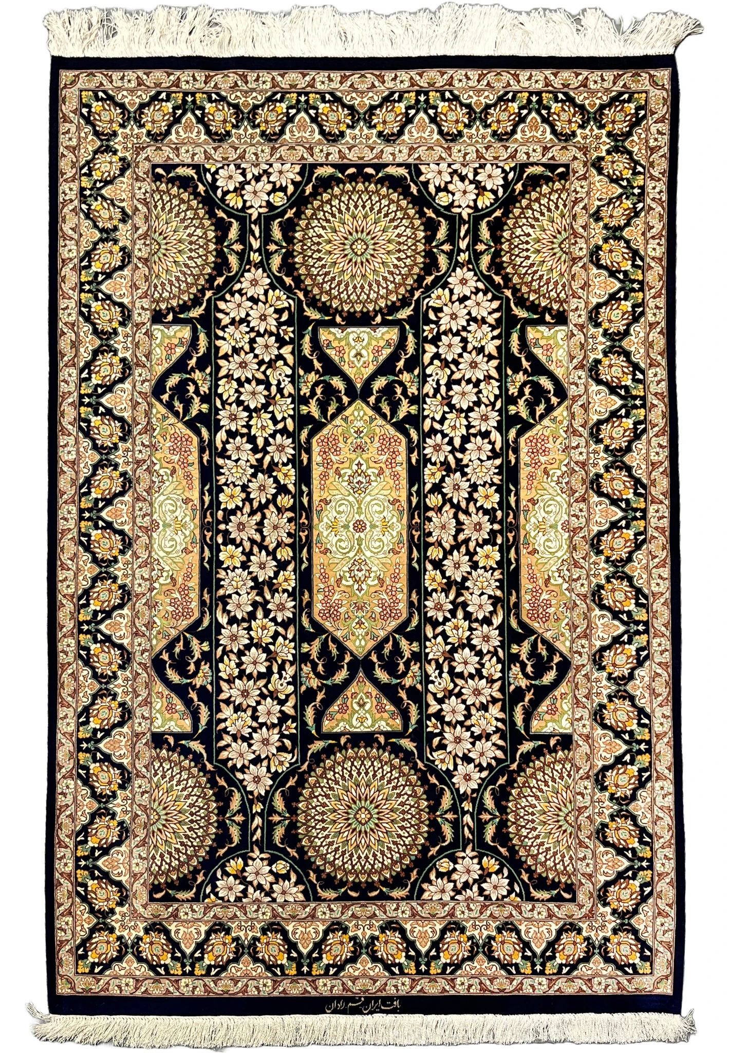 Persian Qum pure silk rug full view navy field with floral panels rosette medallions ivory flowers and intricate signed border handmade 1000 KPSI