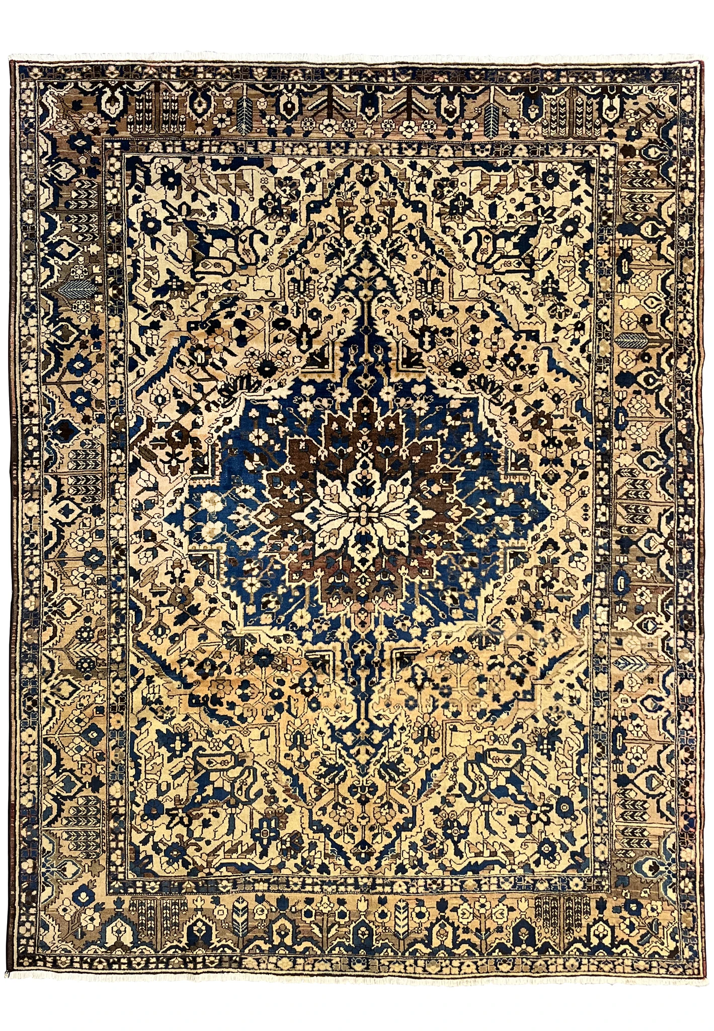 11 x 13'3 vintage geometric Persian Heriz rug in muted navy and ivory featuring bold central medallion and large ivory field with tribal border
