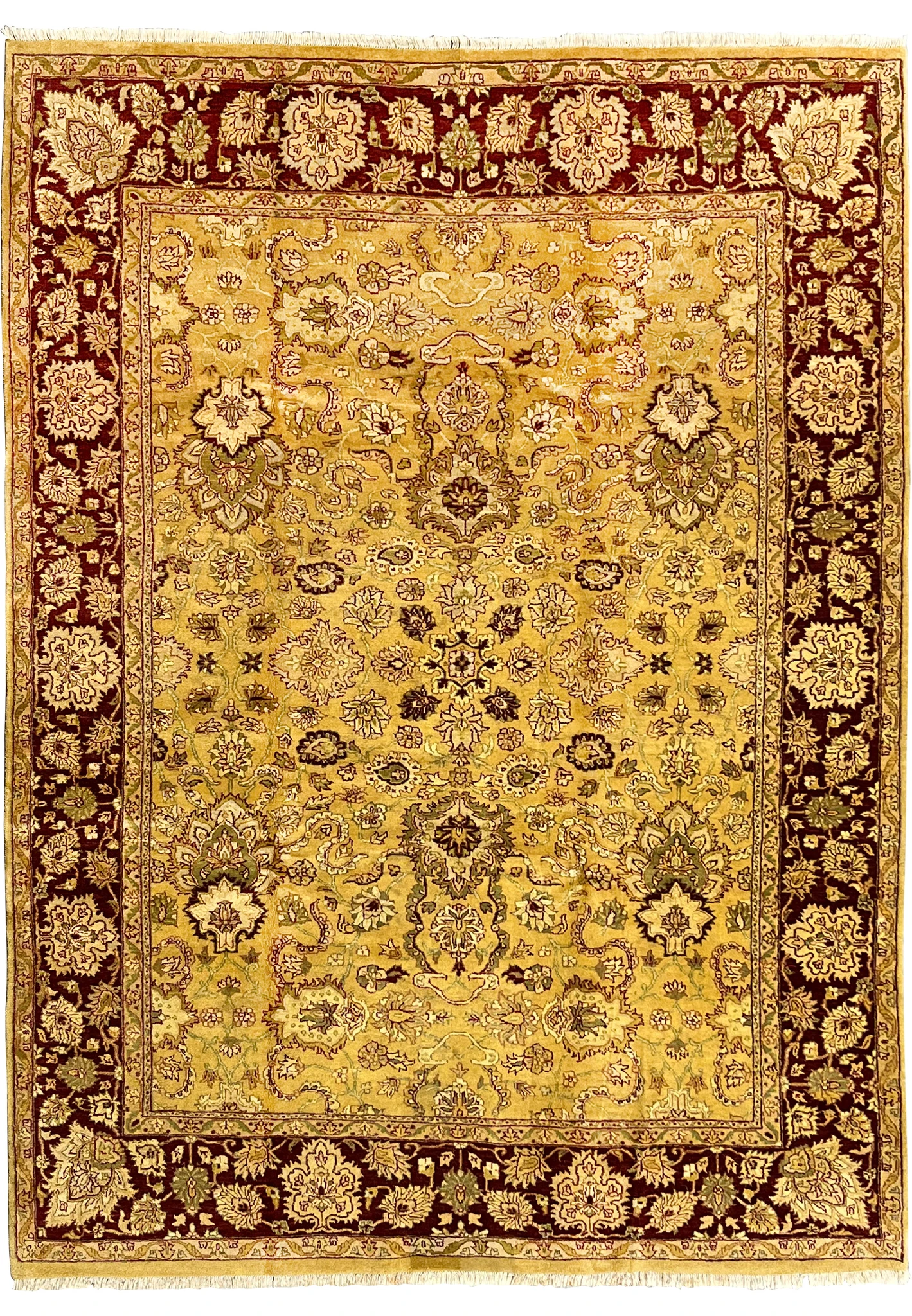 Full view of 9x12 antique style gold Indian Agra rug