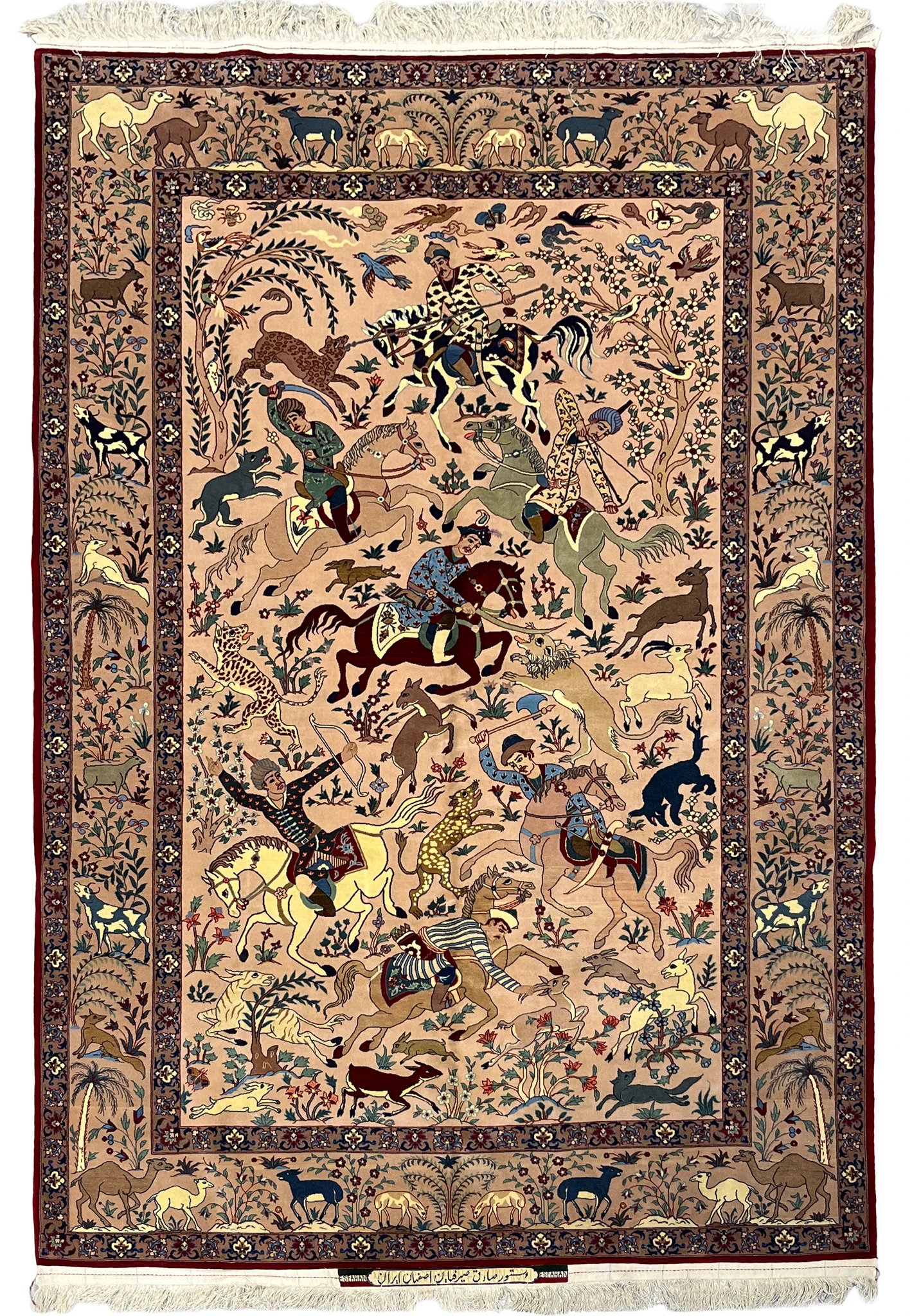 Fine 5x8 Persian Isfahan Seirafian rug with royal hunting scene on blush ground, full view