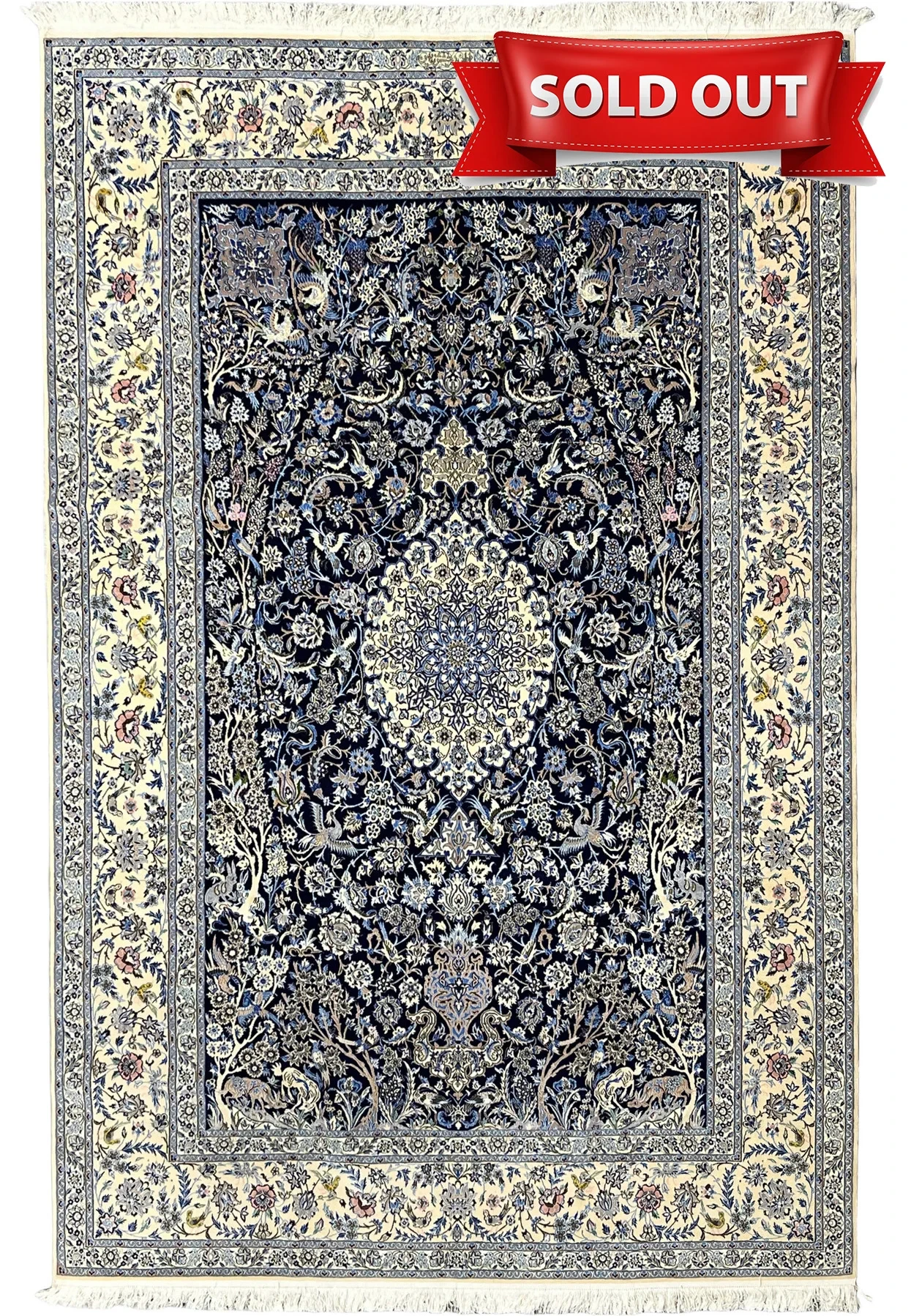 7'3 x 10'5 Persian Nain 6 LA Habibian Wool and Silk Rug with Animals and Birds