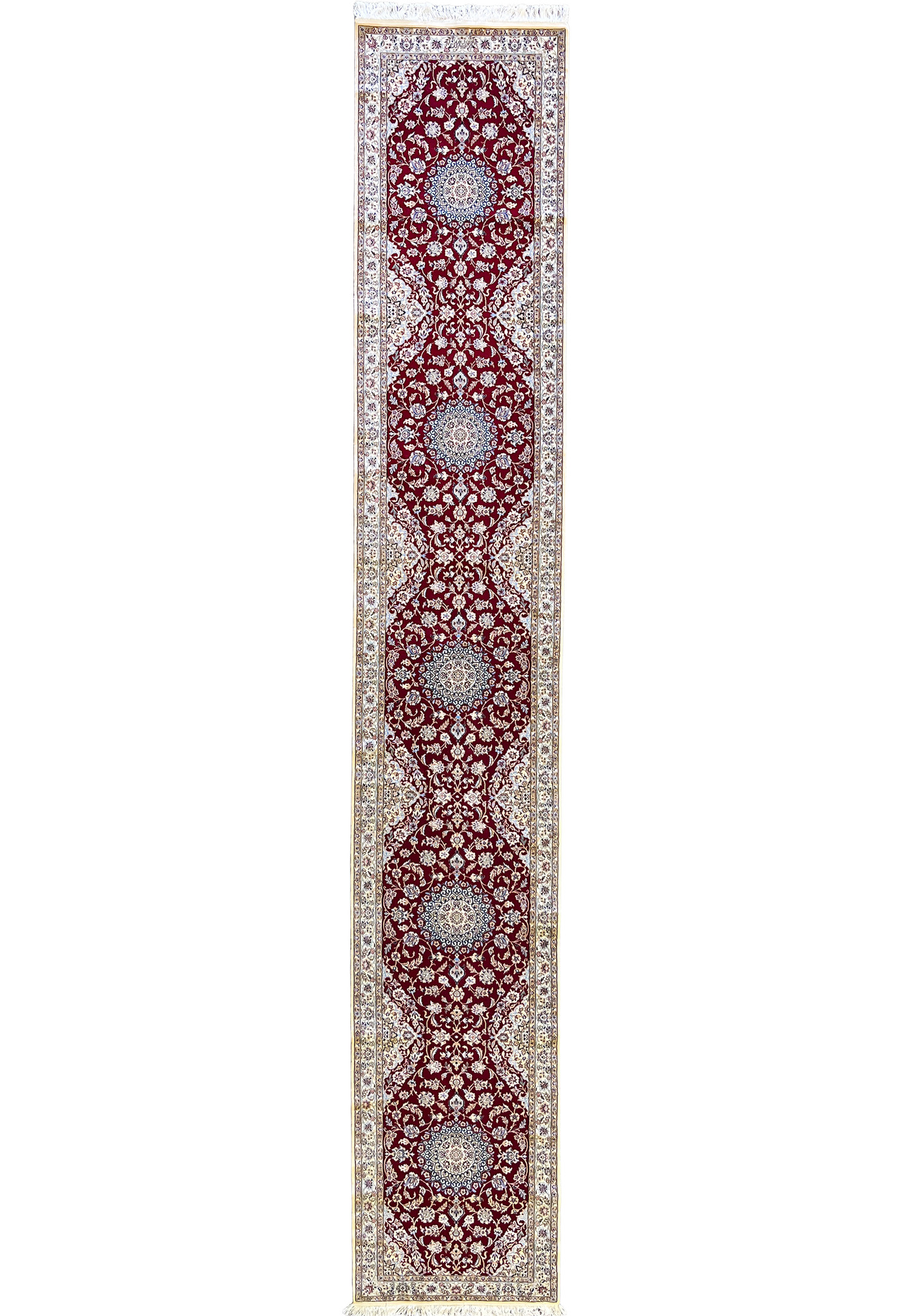 2'9x17 Persian Nain 6La Habibian runner wool silk crimson ivory blue multi-medallion full view