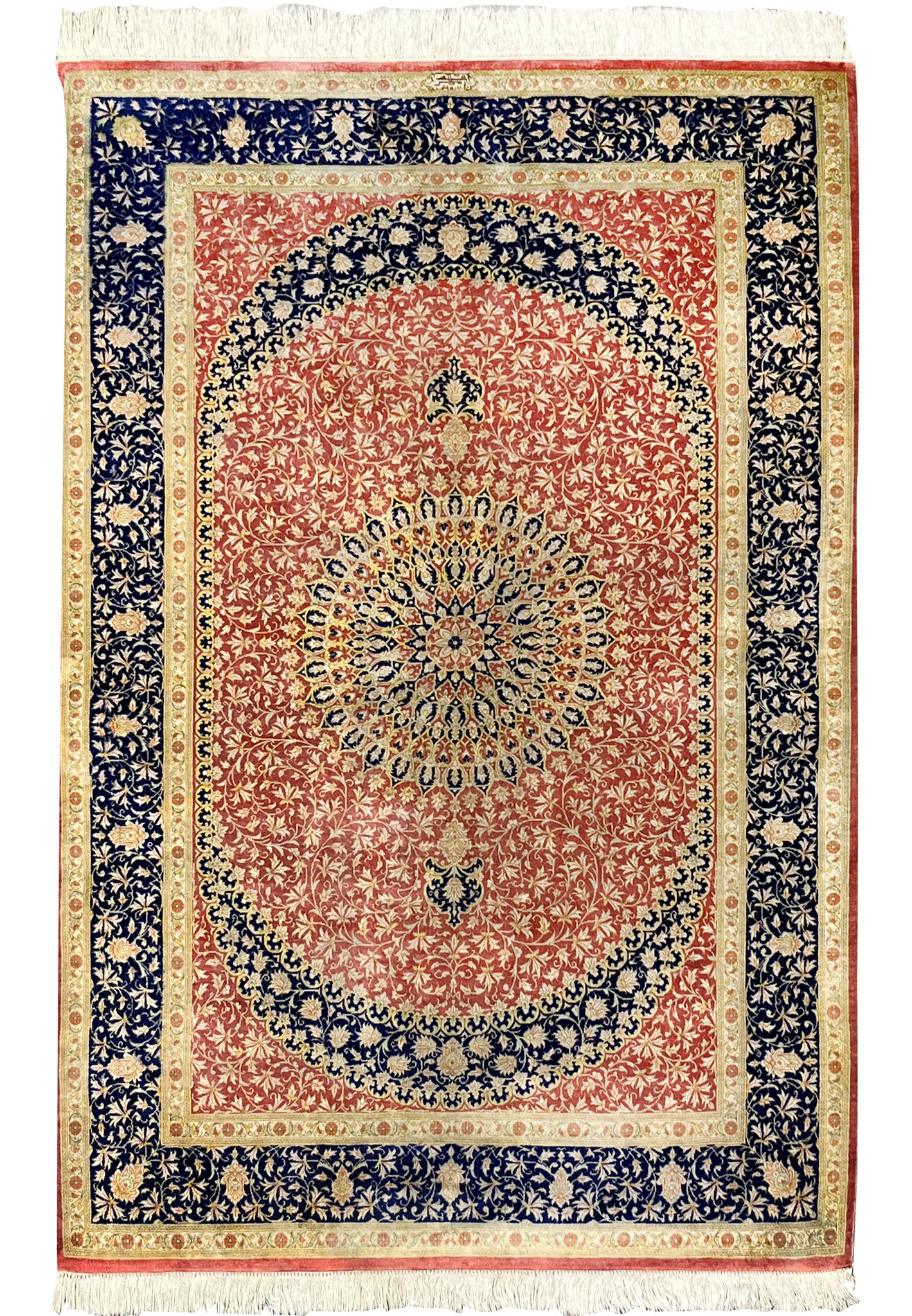 3x5 Persian Qum pure silk rug signed Amir Naghash rose navy gold medallion full view