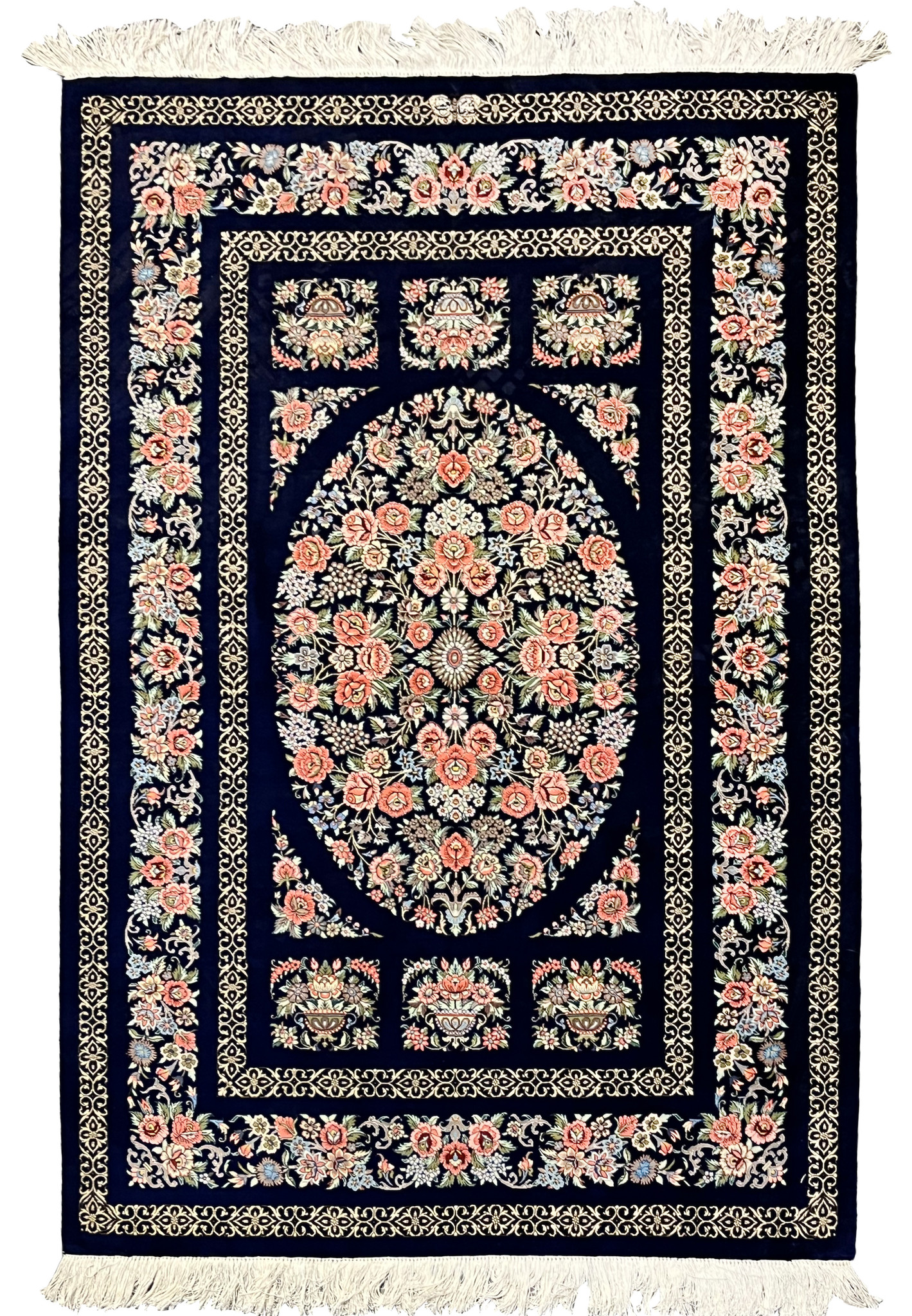 3x5 Persian Qum pure silk rug signed oval floral medallion navy blue coral full view