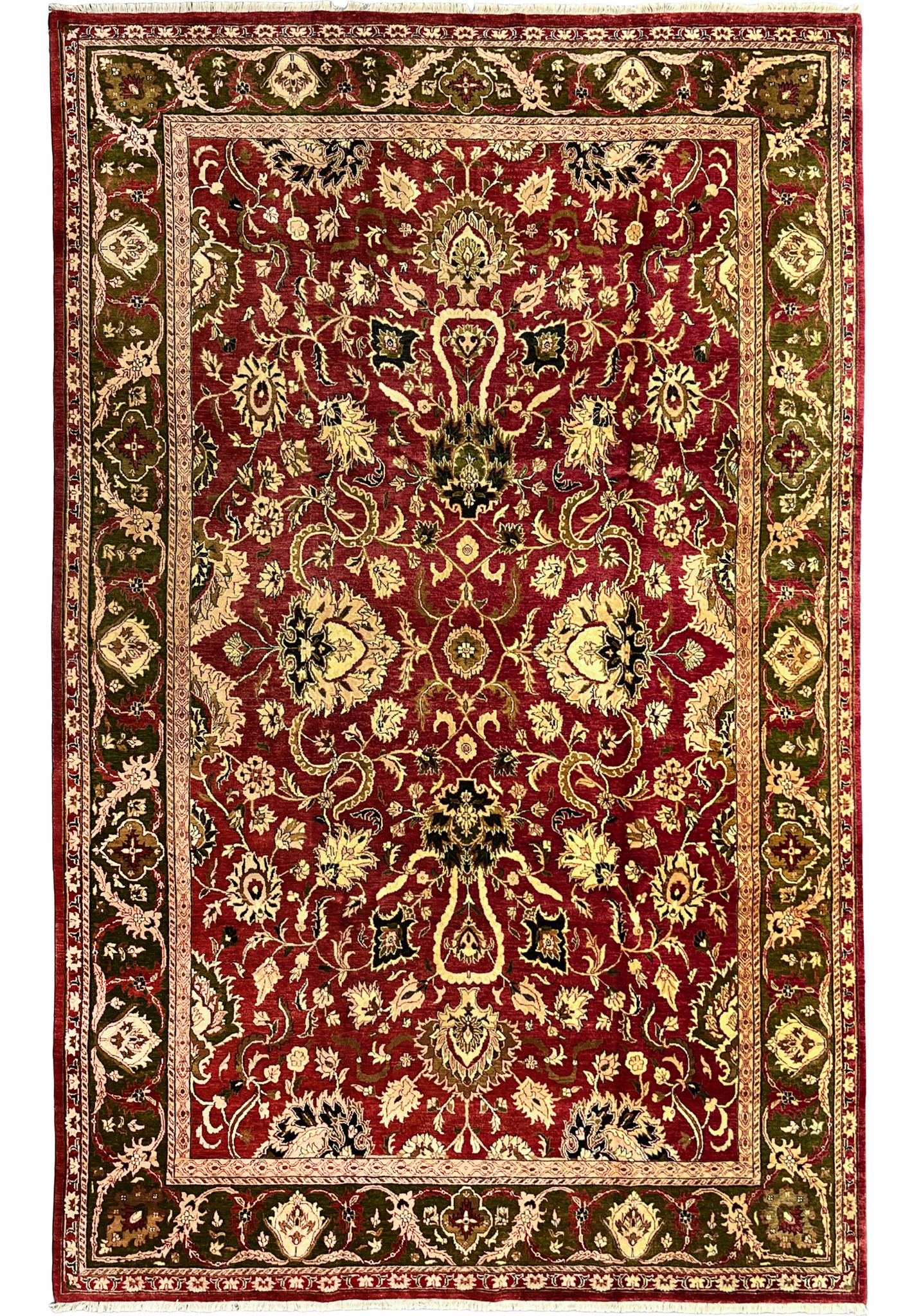 10x15 Oriental Agra rug allover scrolling floral crimson red olive green full view