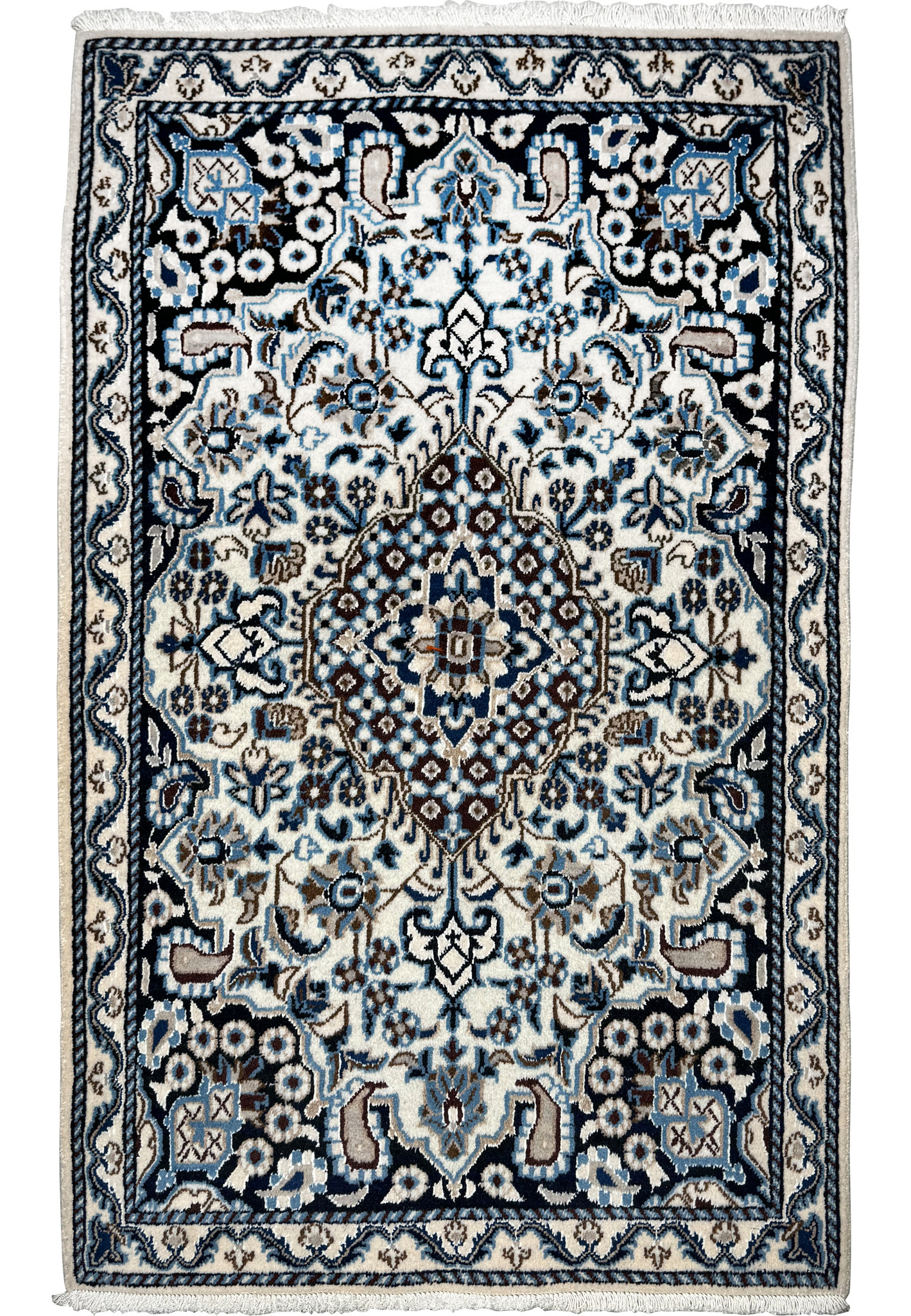 3x5 Persian Nain rug ivory navy medallion arabesque floral full view