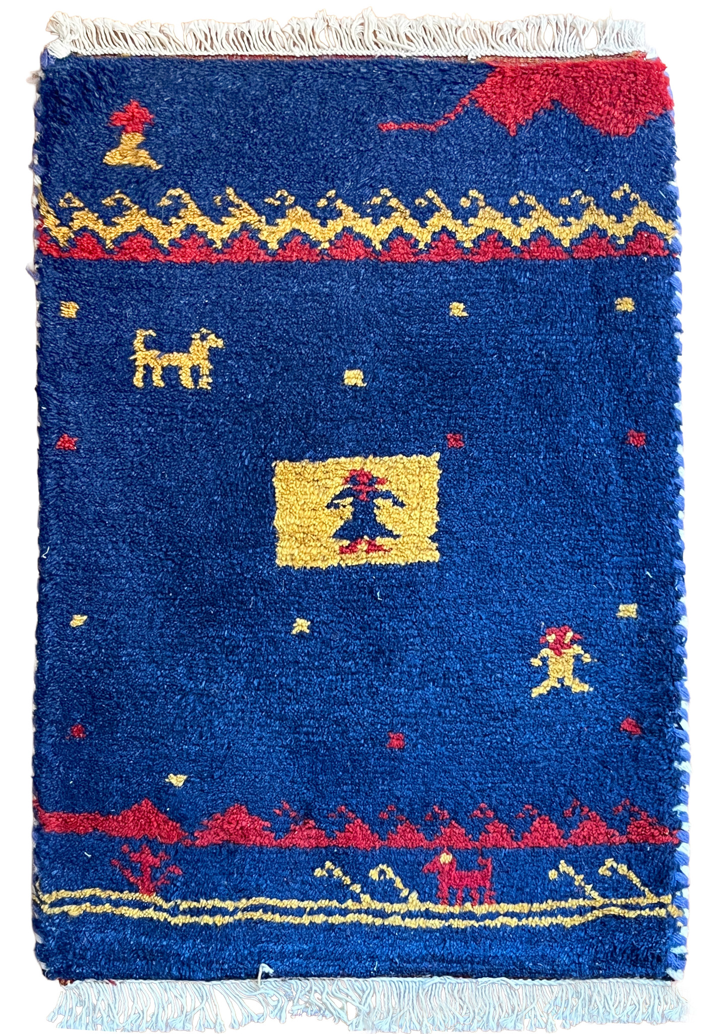 1'3x2 Persian Gabbeh baby rug Poshti cobalt blue yellow red tribal pictorial full view