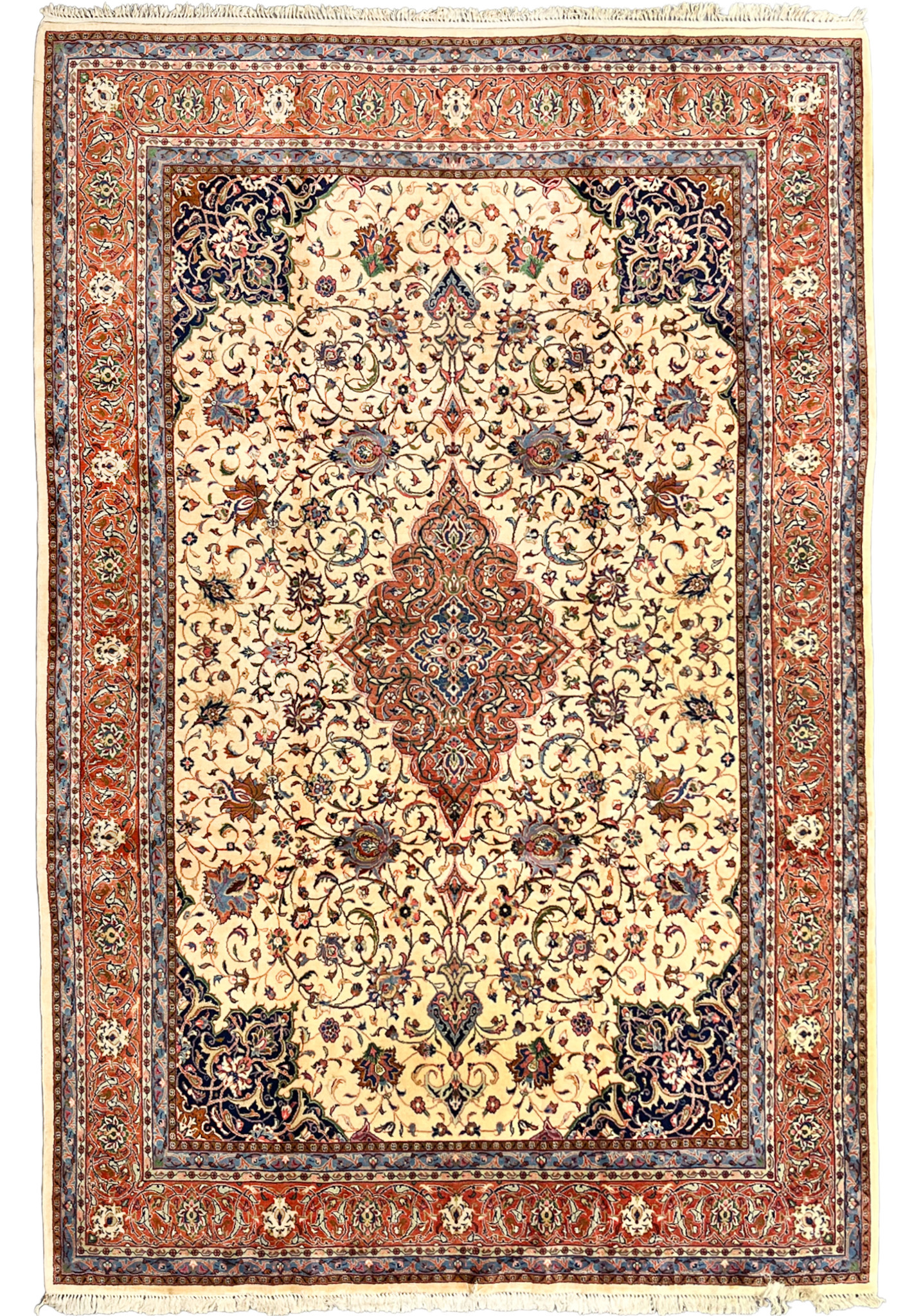 9x13 Persian Sarough rug ivory field rust border floral medallion full view hand-knotted wool