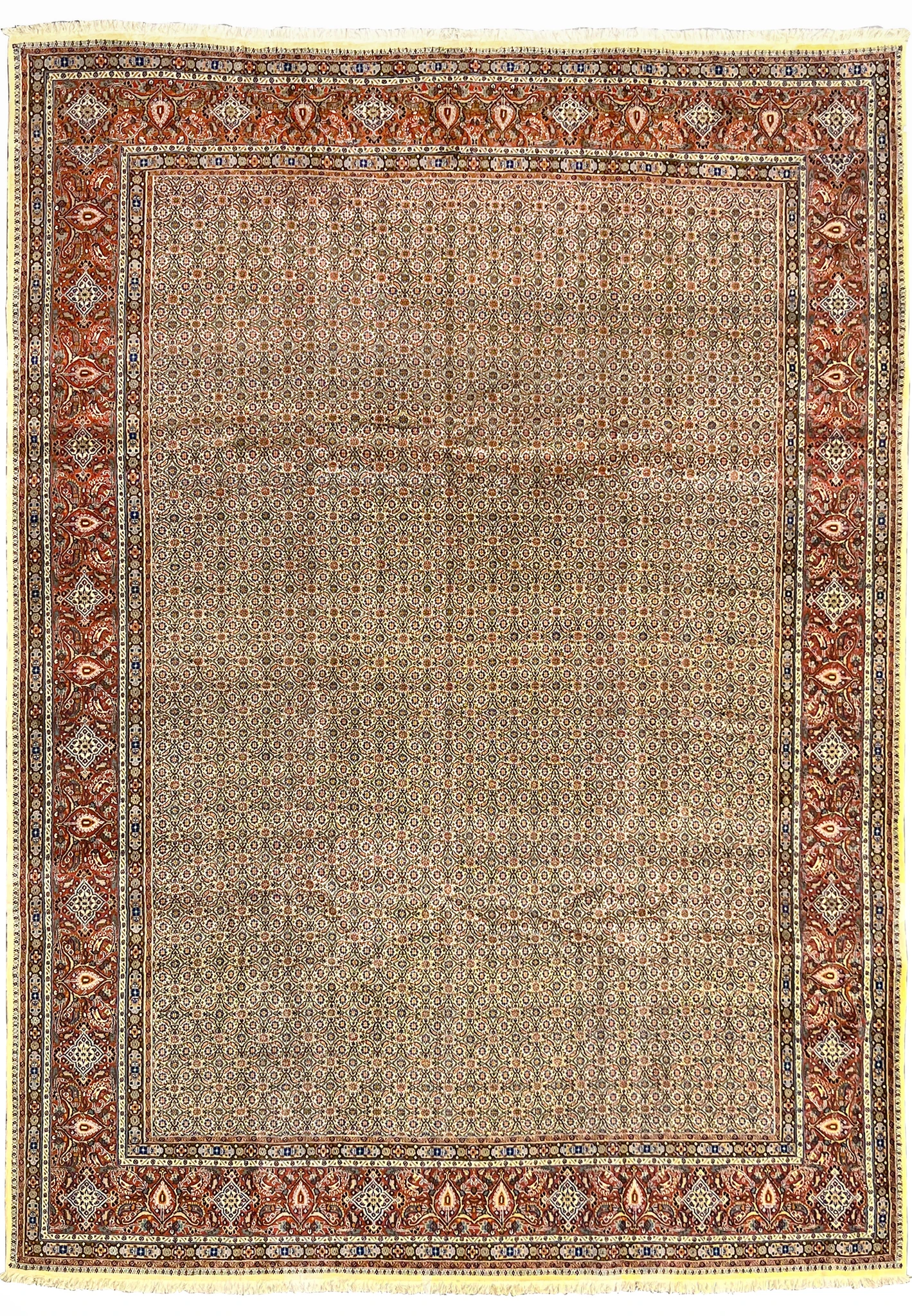 Authentic 10x13 Persian Moud rug full view, cream field with allover Herati design and red border