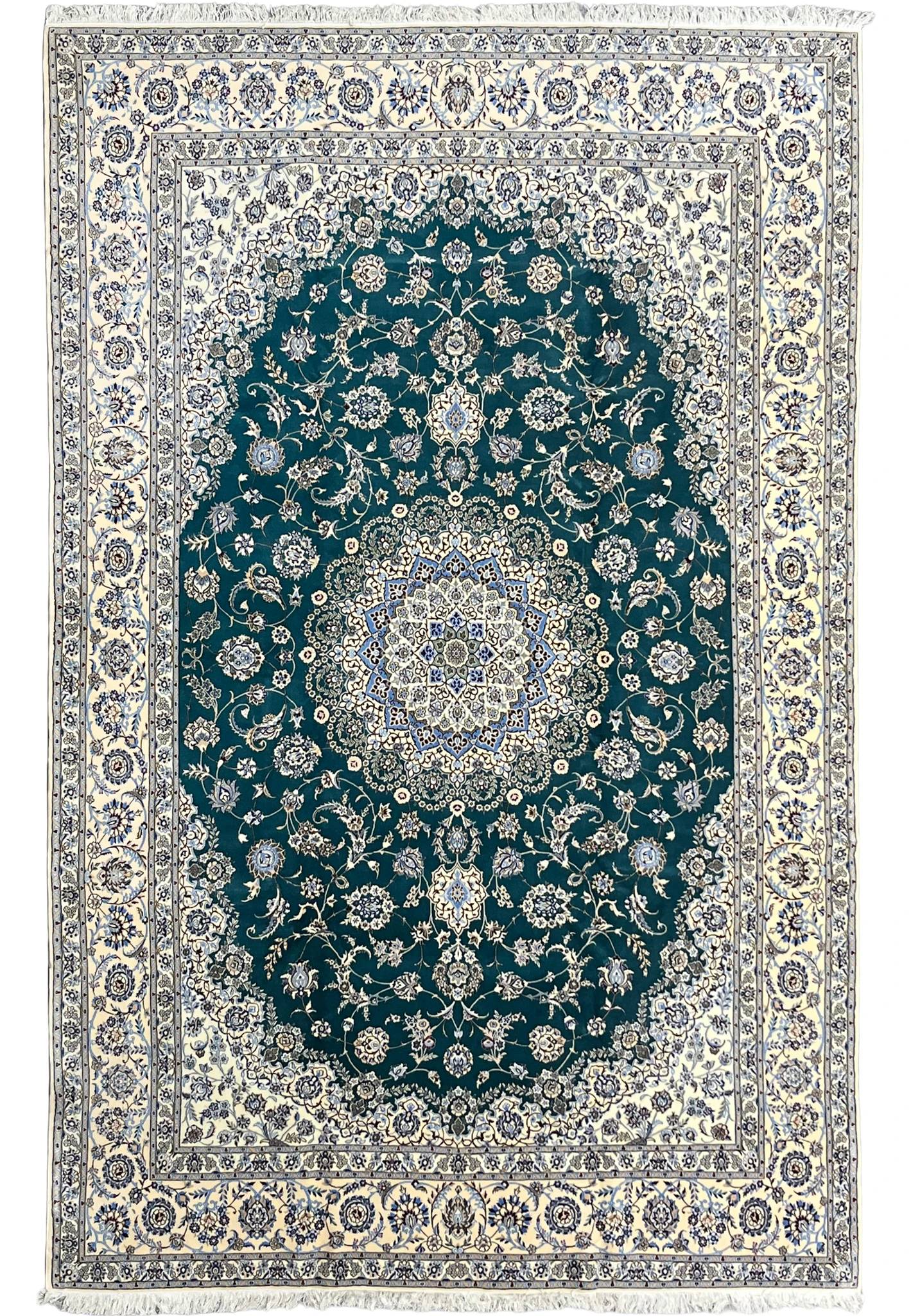 Authentic 9x12 Persian Nain 6La rug with emerald green field and ivory floral border, handmade wool and silk