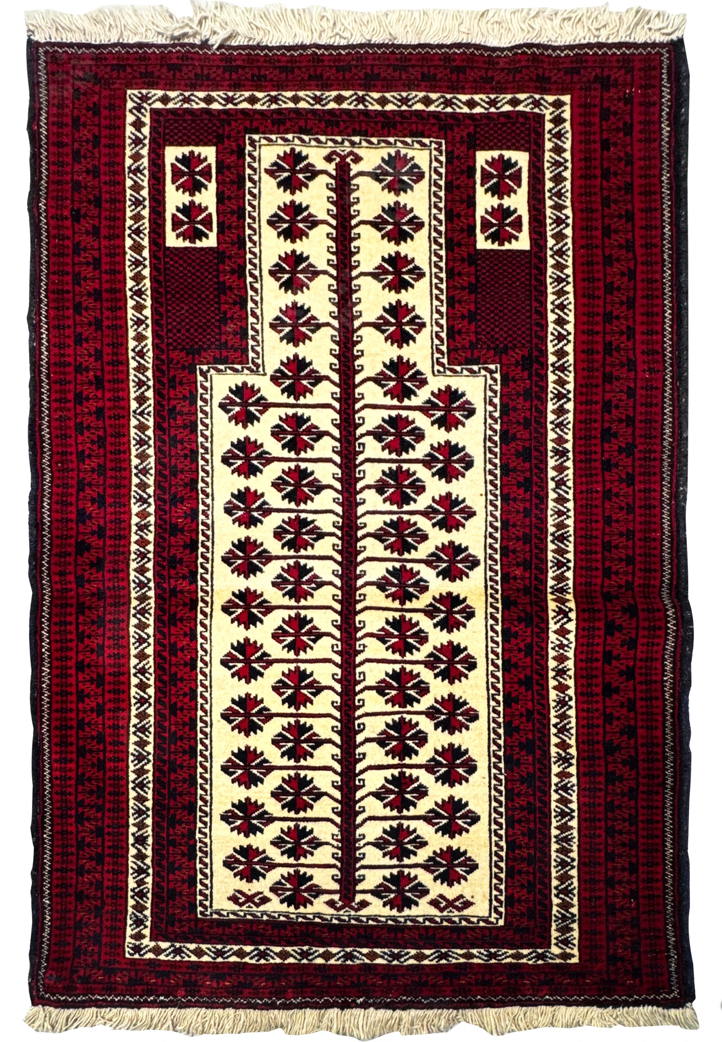 Authentic 3 x 4'4 Persian Baluch prayer rug full view with crimson borders and ivory mihrab field