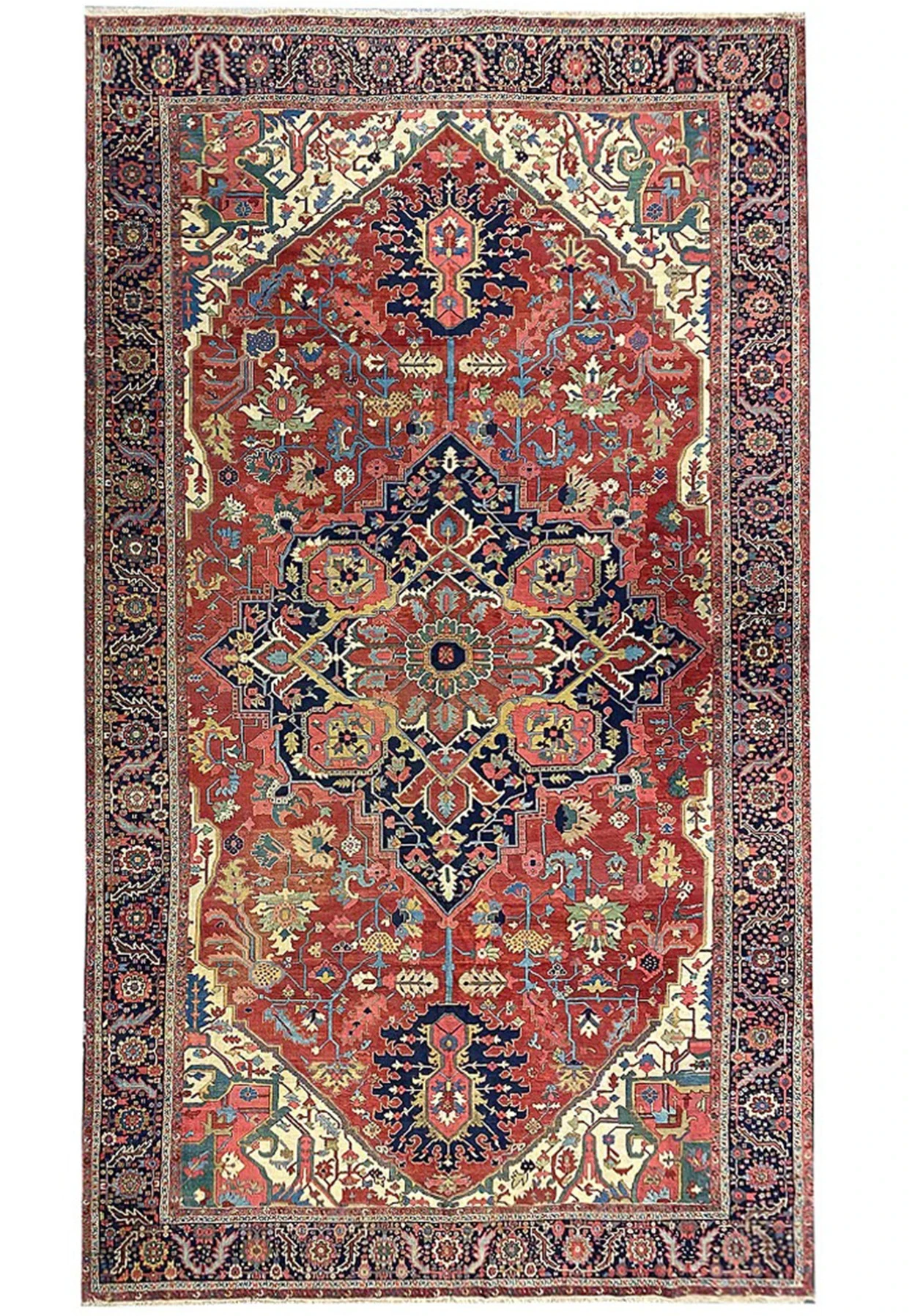 Full view of 12x21 antique Persian Serapi Heriz rug with bold medallion, ivory spandrels, navy border