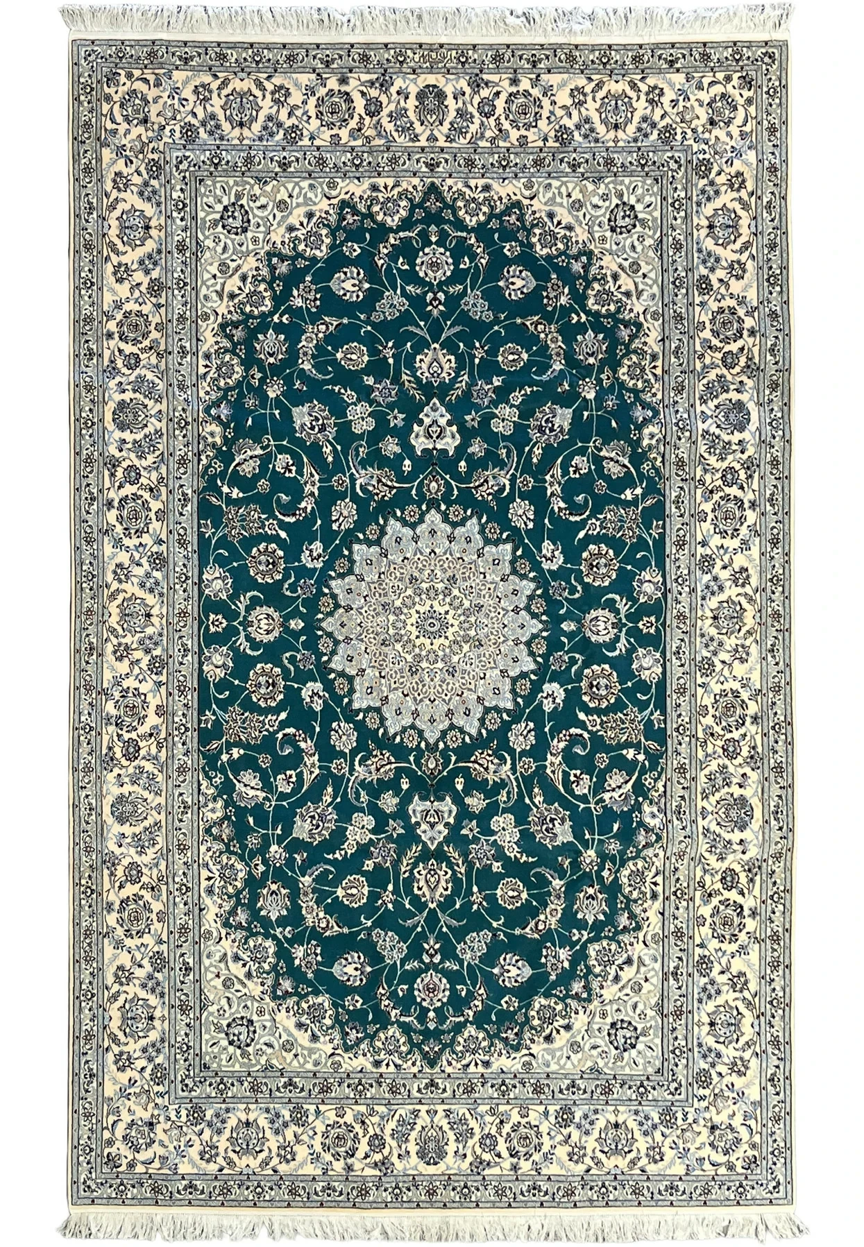 Hand-knotted 7x10 Persian Nain 6 La Habibian rug full view with emerald green field and ivory floral border