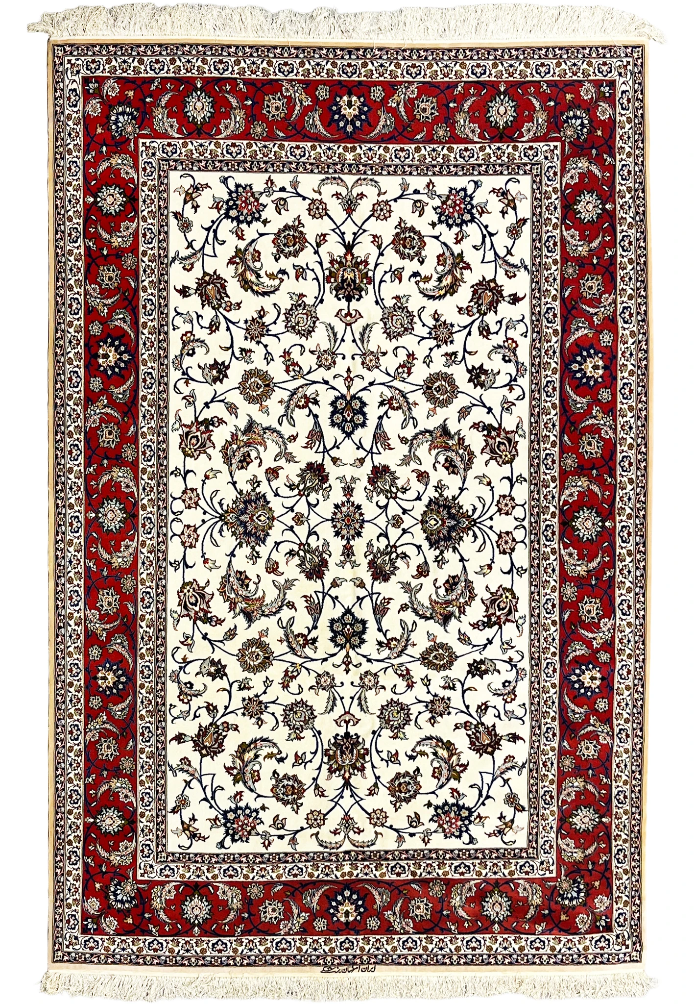 Full view of authentic hand-knotted Isfahan rug with allover floral design on ivory ground