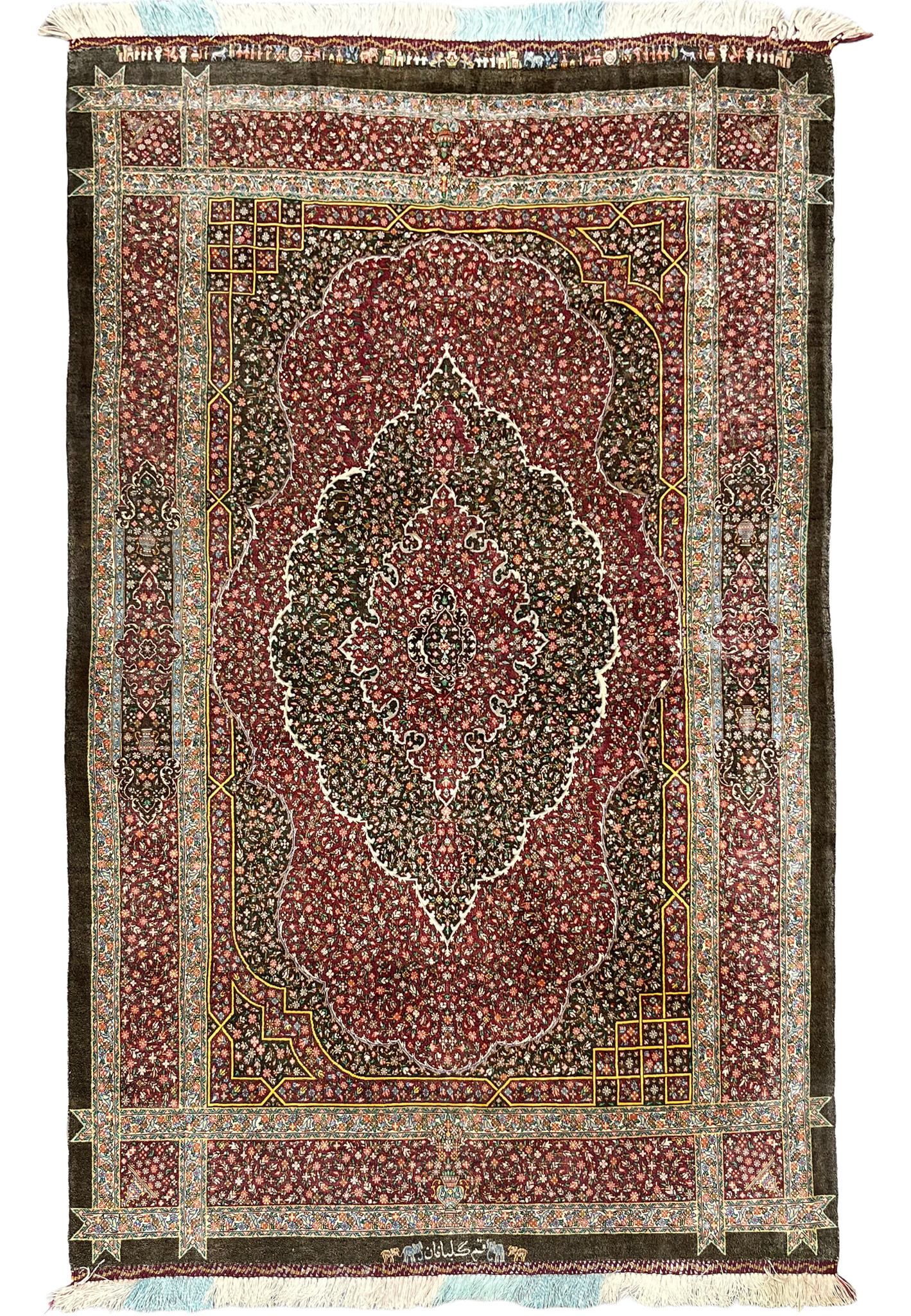 Full view of authentic hand-knotted Qum pure silk rug with thousand flower field on burgundy