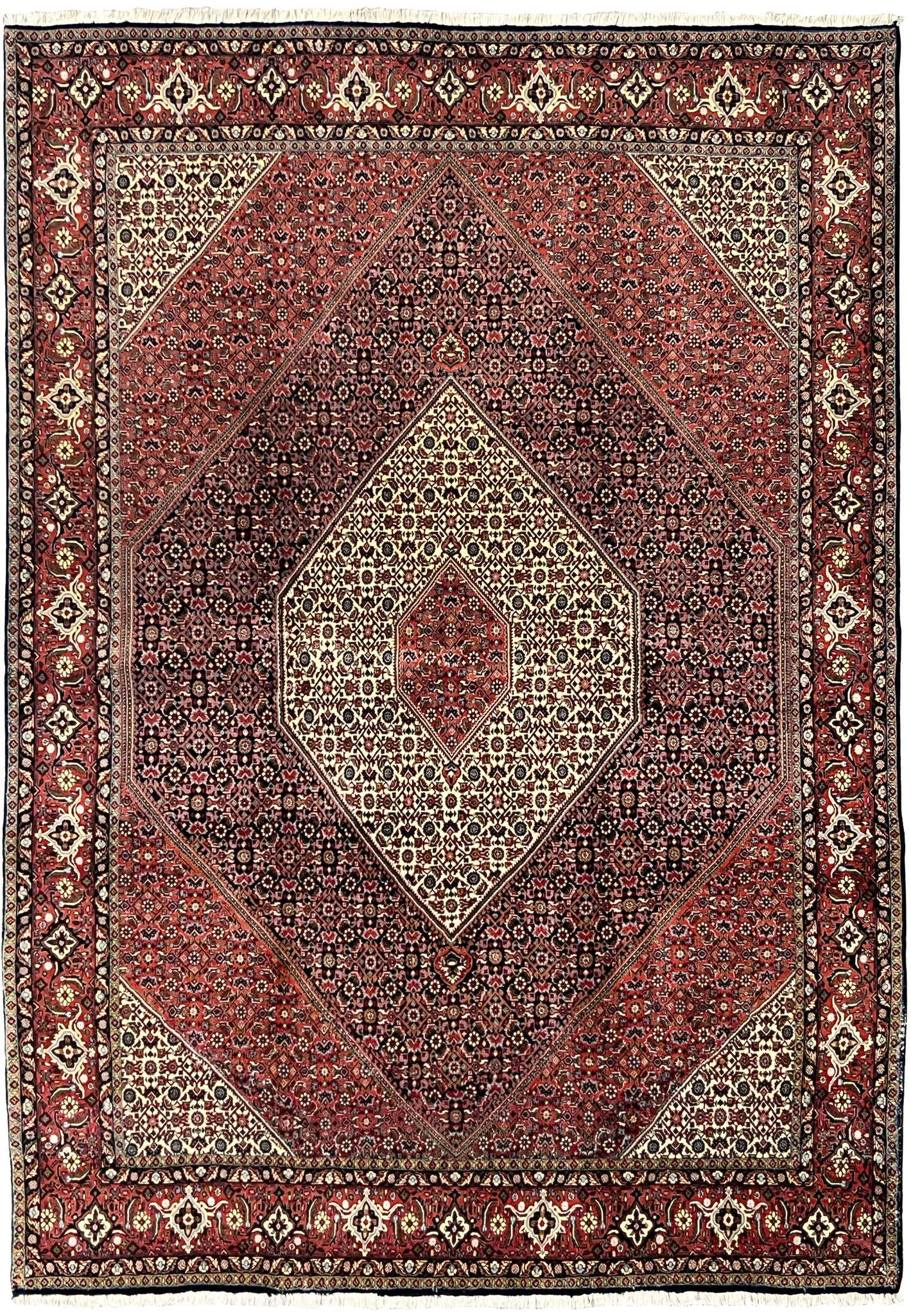 Persian Bijar iron rug with ivory diamond medallion on a deep red field framed by a navy floral main border