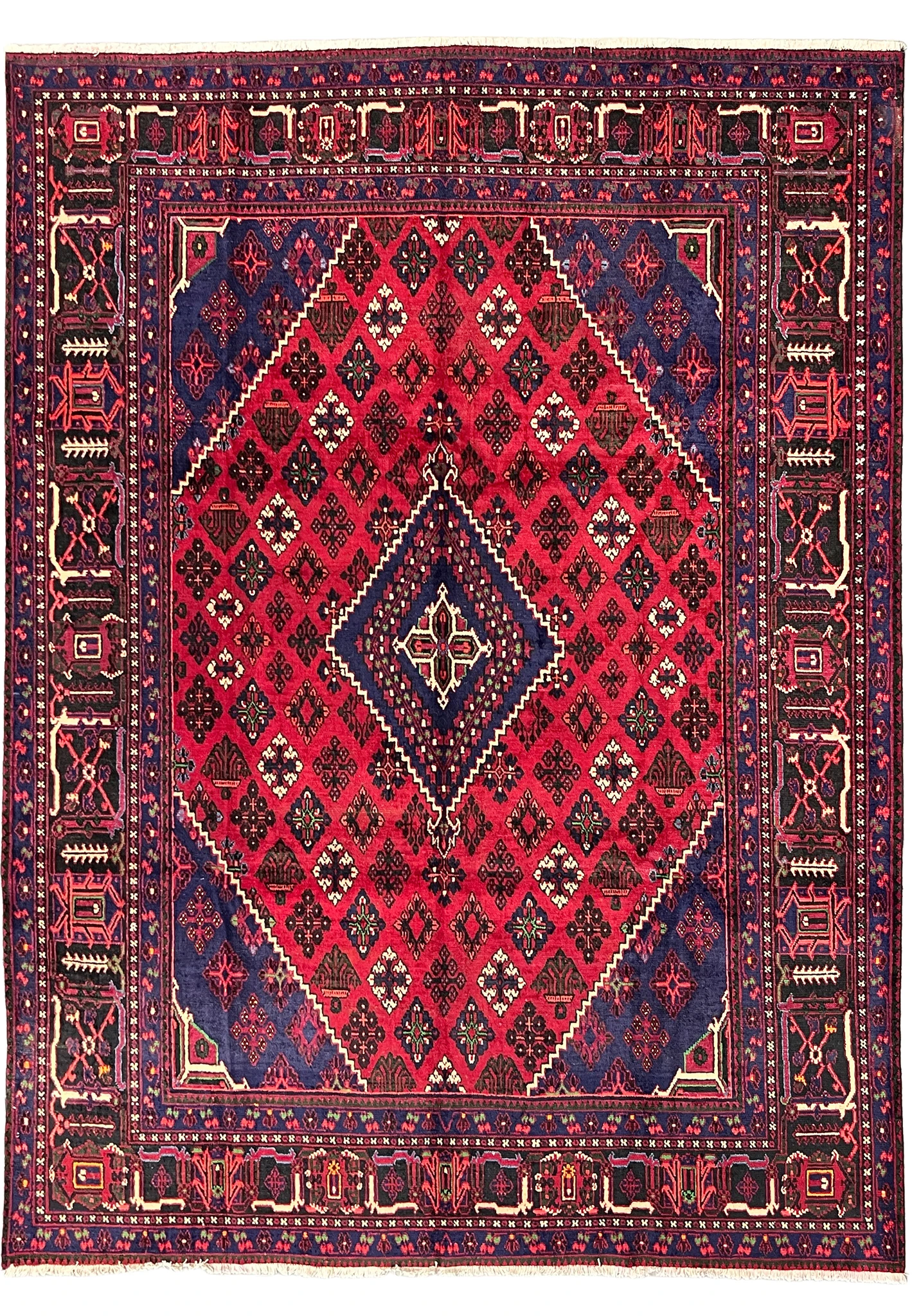 Full overhead view of authentic 10x13 Persian Meymeh rug, ivory zigzag medallion outline, navy and red, for living room