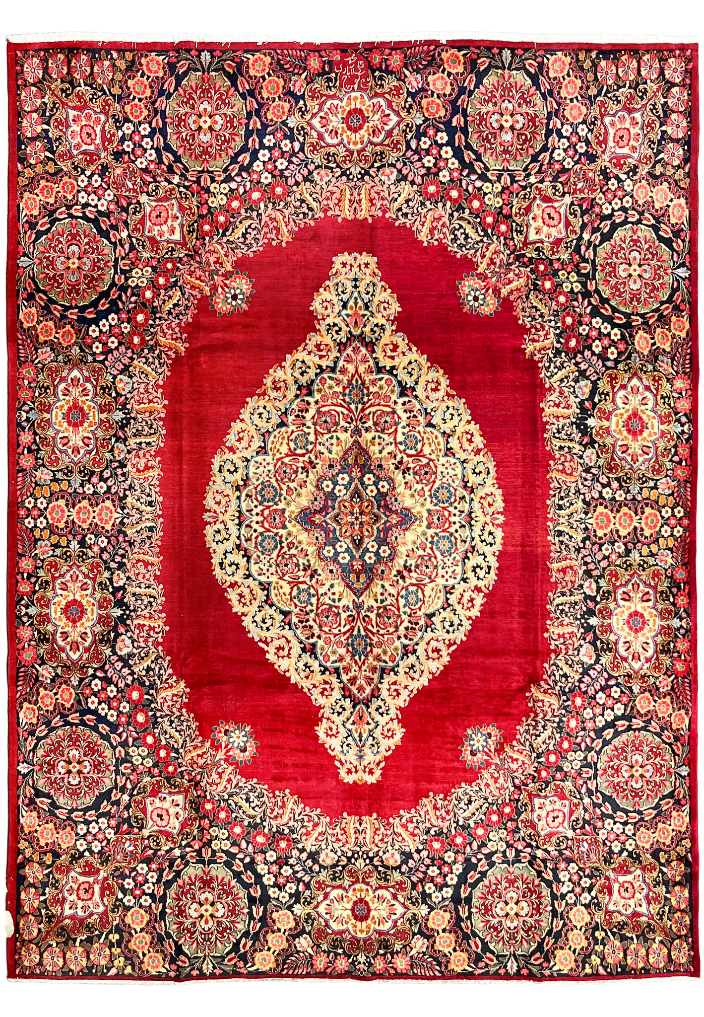Full view of 10x14 signed antique Persian Moud rug, ivory cartouche medallion with deep navy floral border, pre-revolution