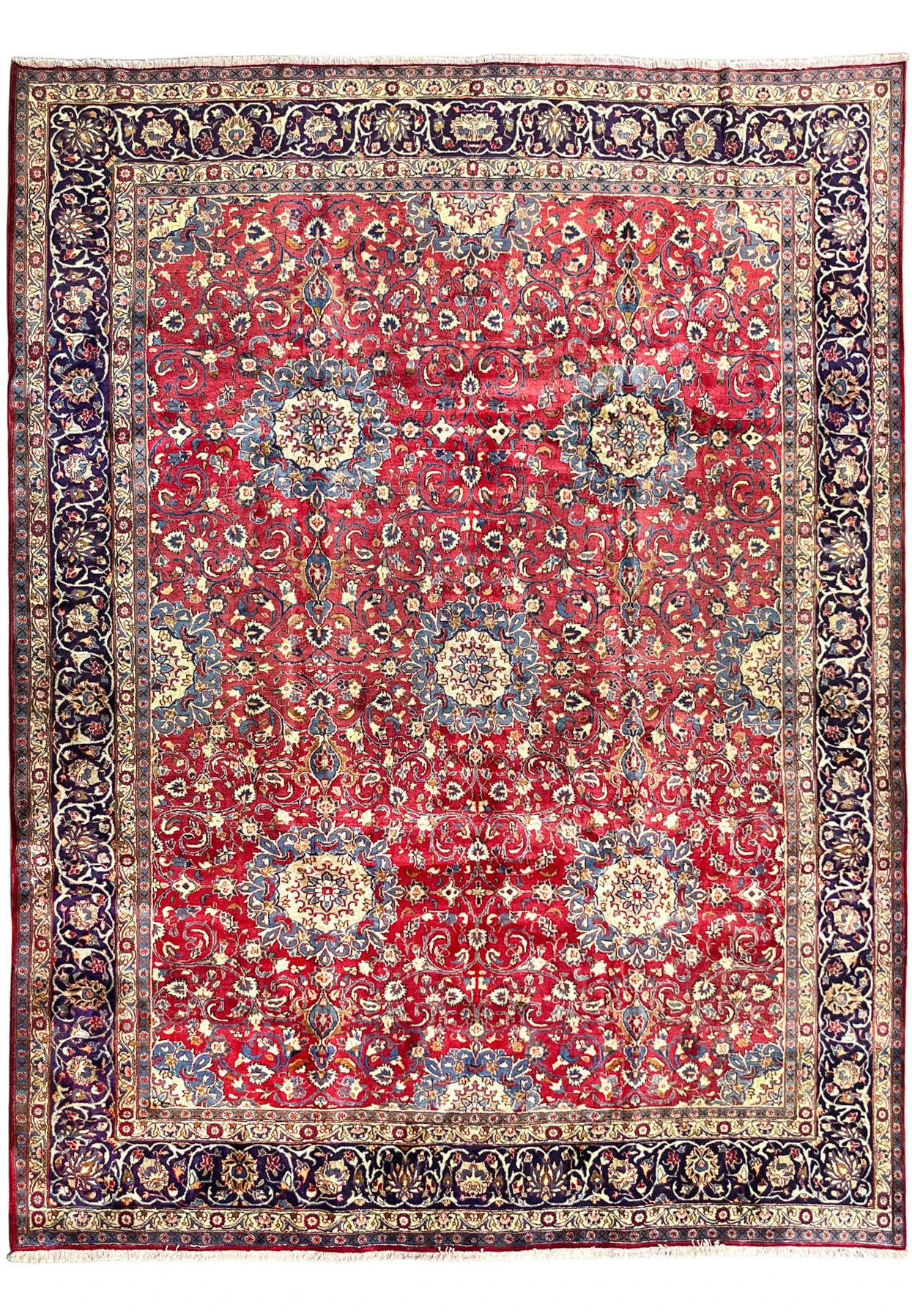 9'6 x 12'6 Persian Isfahan Rug | Allover Floral | Red Field Navy Border