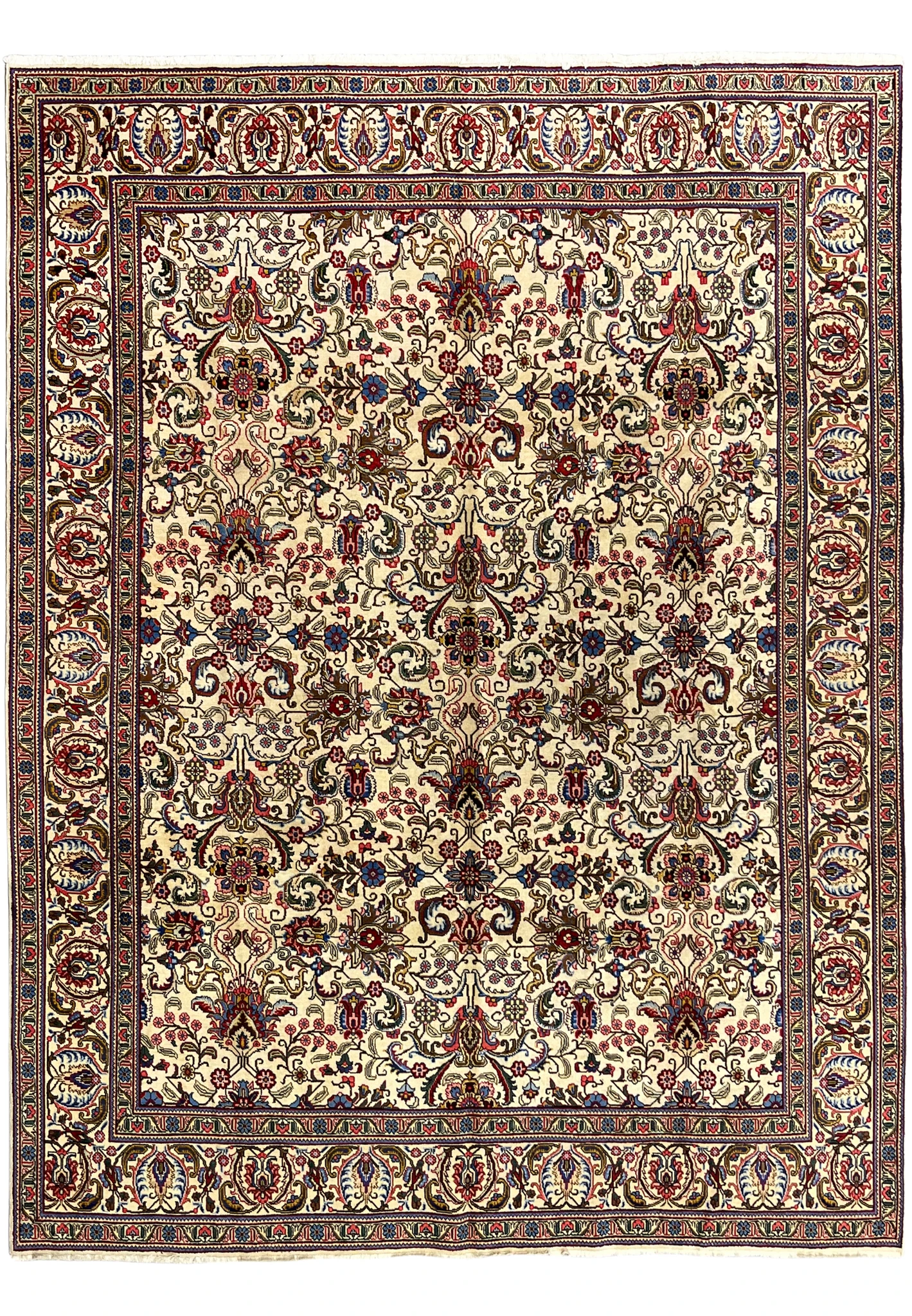 10x12 Persian Tabriz rug full view, ivory field with allover floral drawing and palmette border, authentic handmade