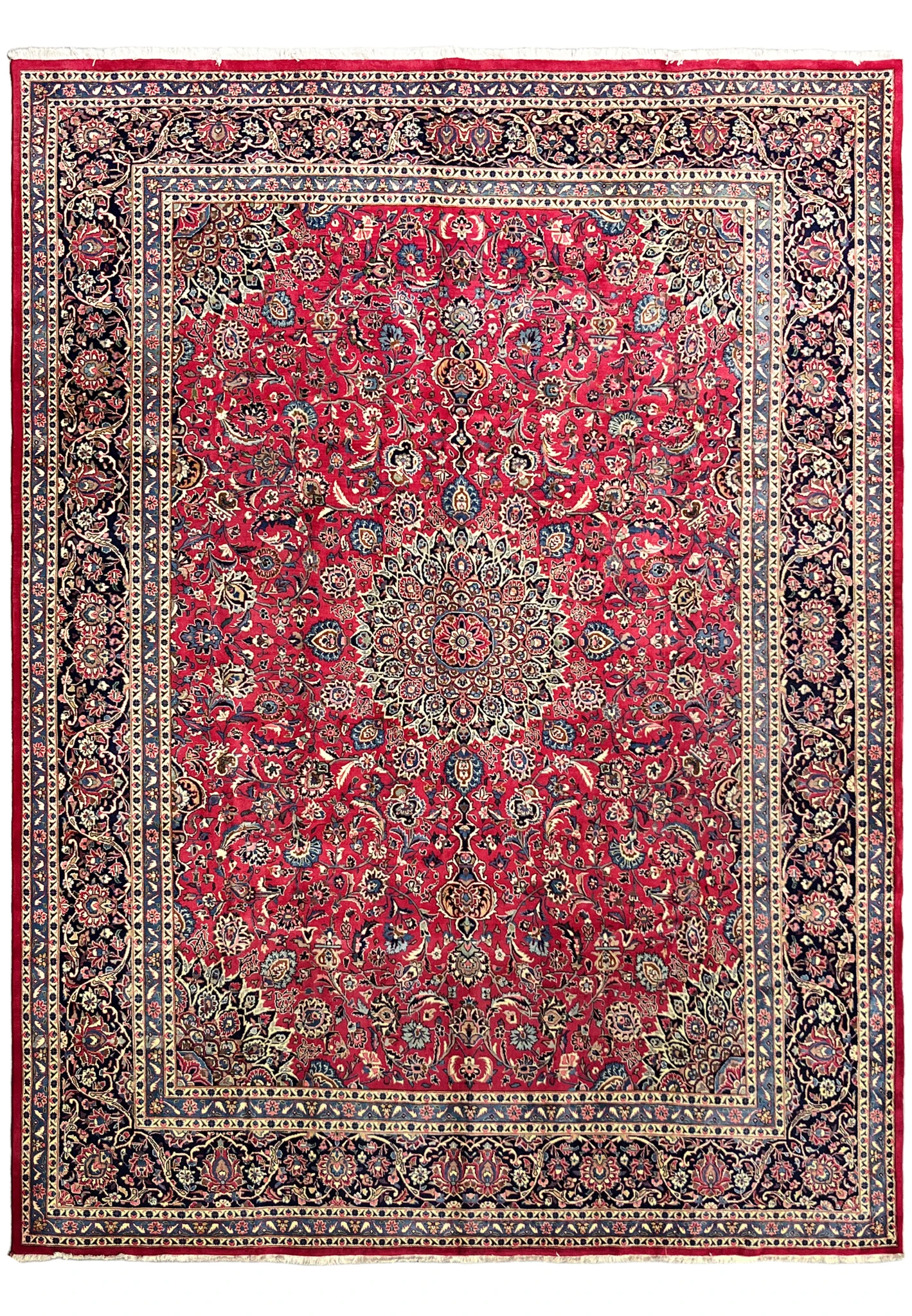 10 by 13 Persian Mashad rug, full view of cherry red field with navy border and central floral medallion