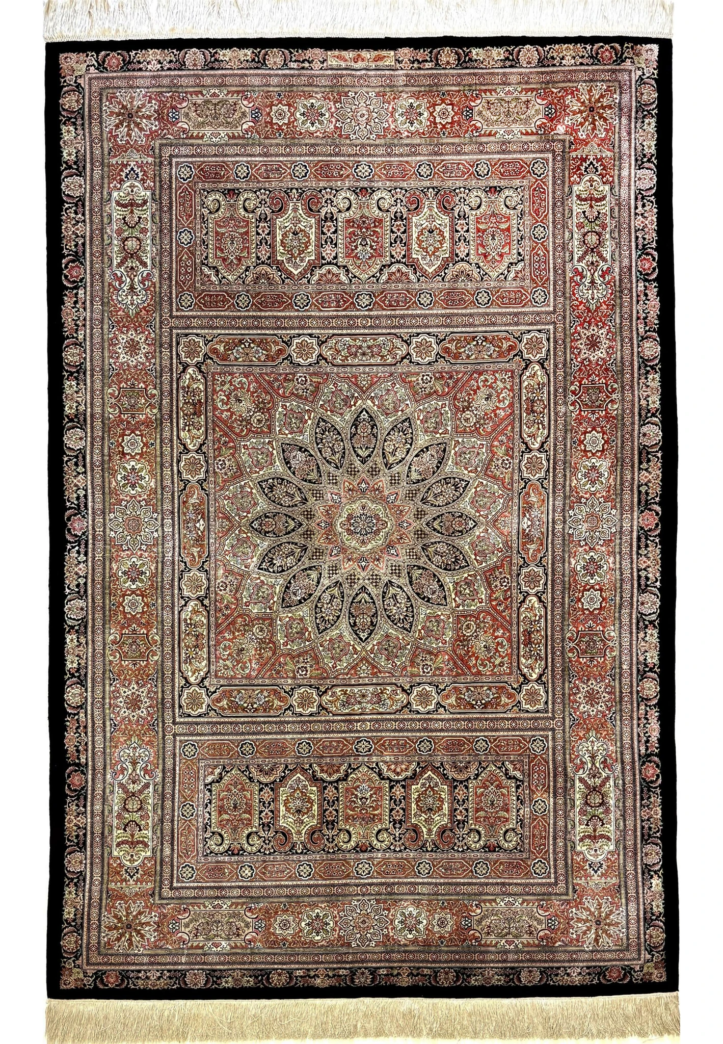 4 by 6 Persian Qum pure silk rug signed by Master Hossein Kashizadeh, dome medallion on black field