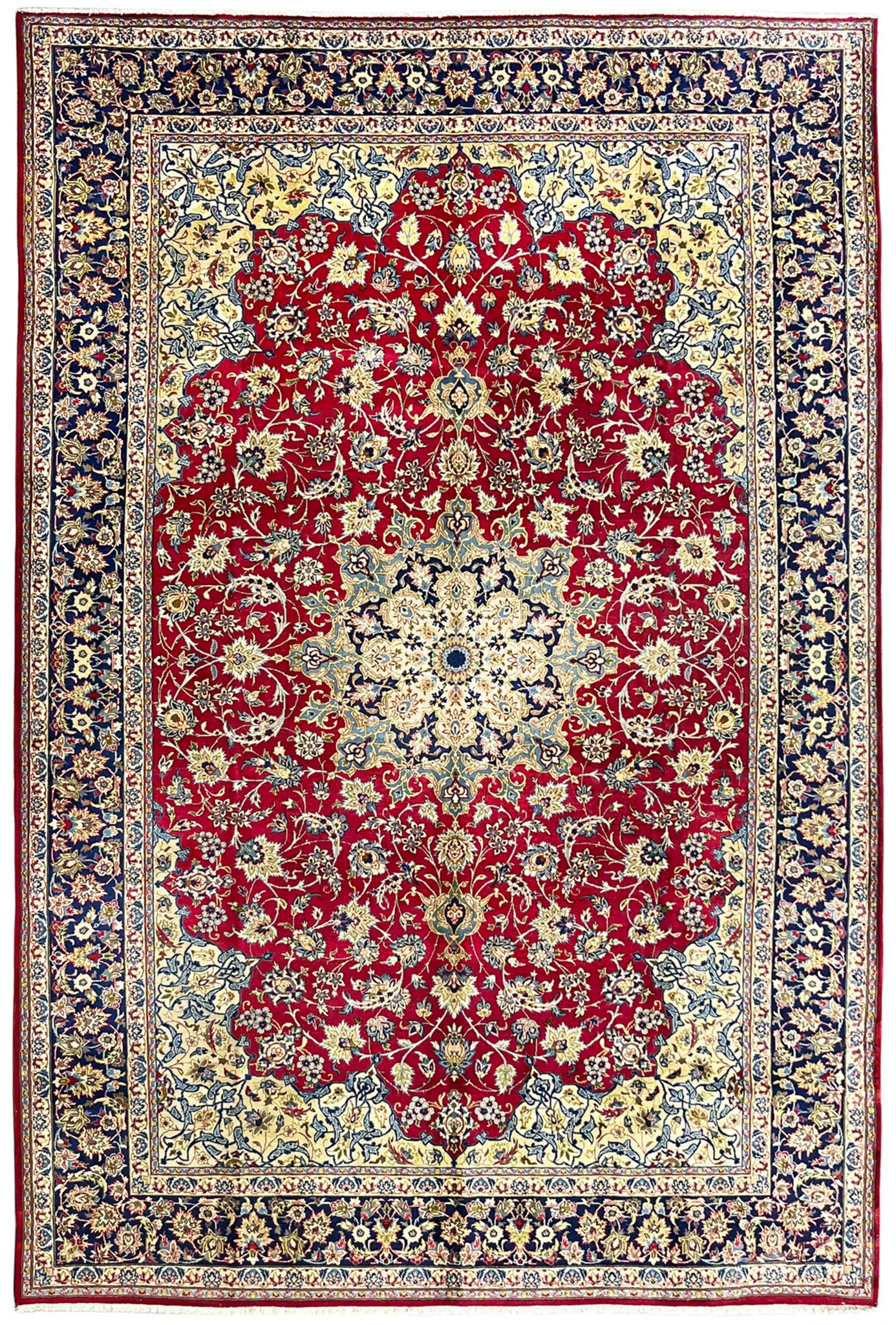 Full view of oversized red Persian Najafabad rug with allover Shah Abbas florals and navy border