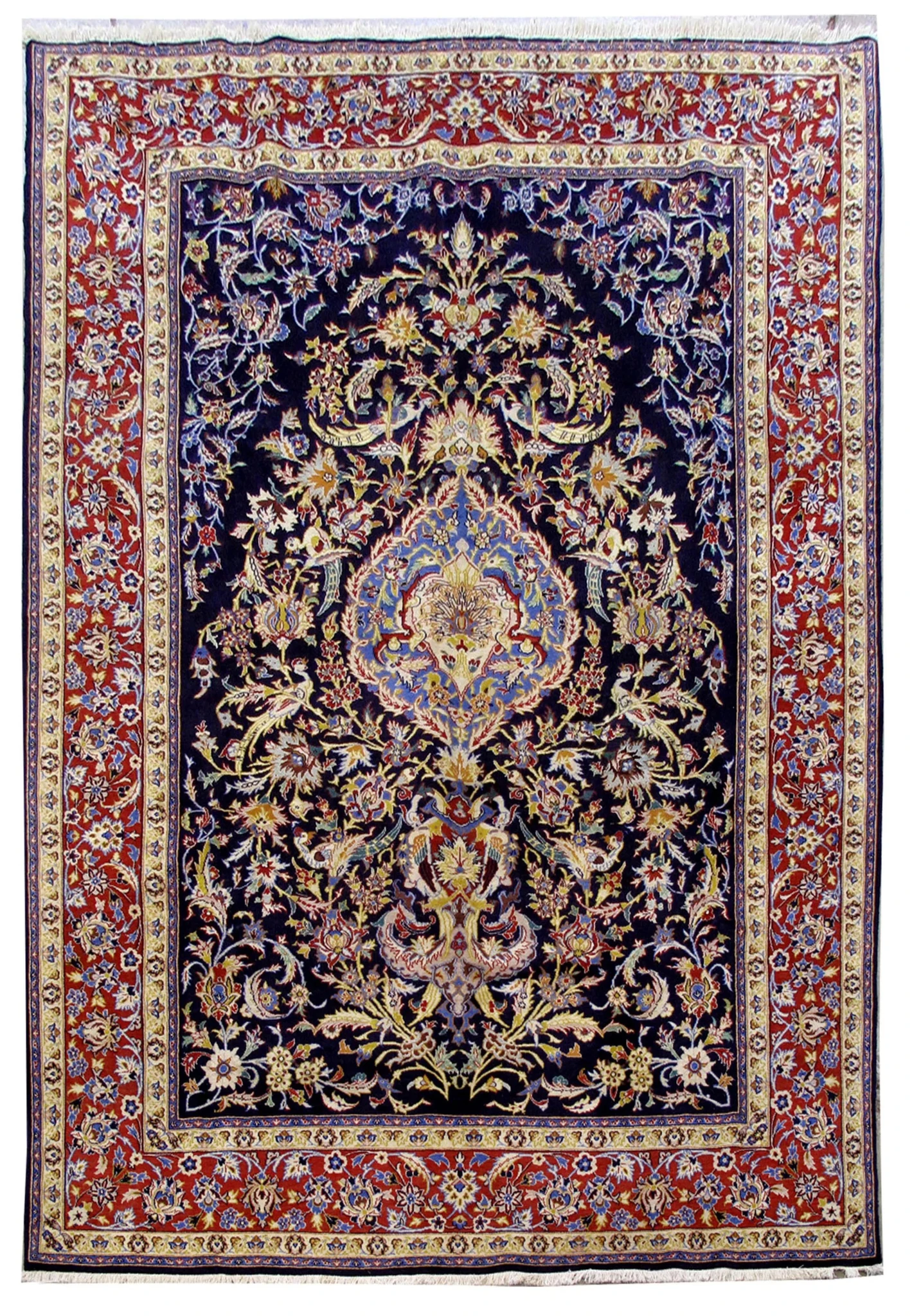 8x11 Persian Isfahan rug full view, navy field with blue medallion and red border