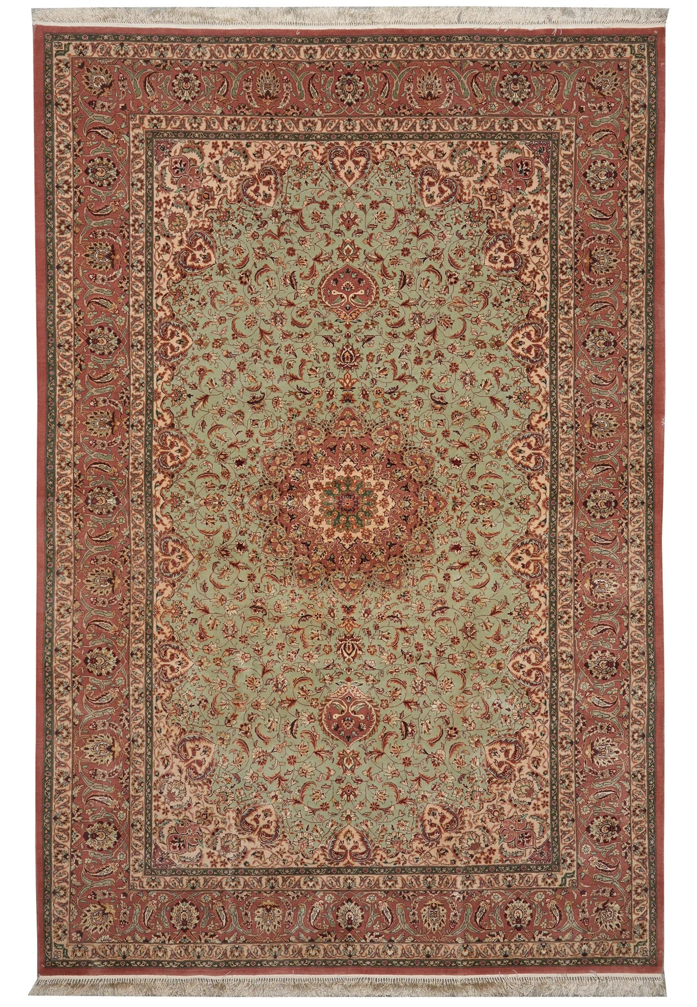 7x10 Persian Isfahan rug full view, sage-green field with rose medallion and terracotta border
