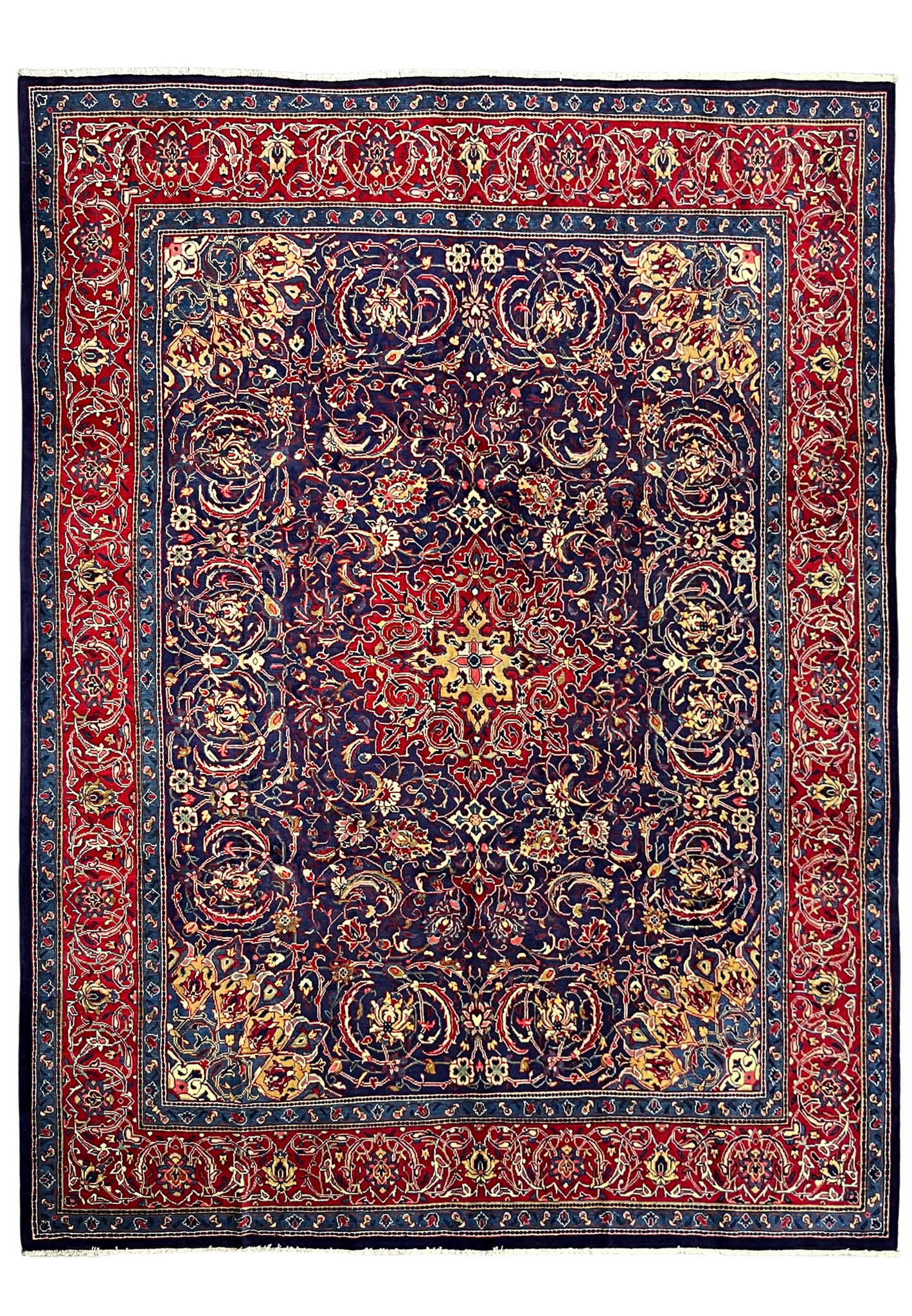 Full view of 10x13 navy Persian Mahal with red main border and ivory guard bands, handmade wool
