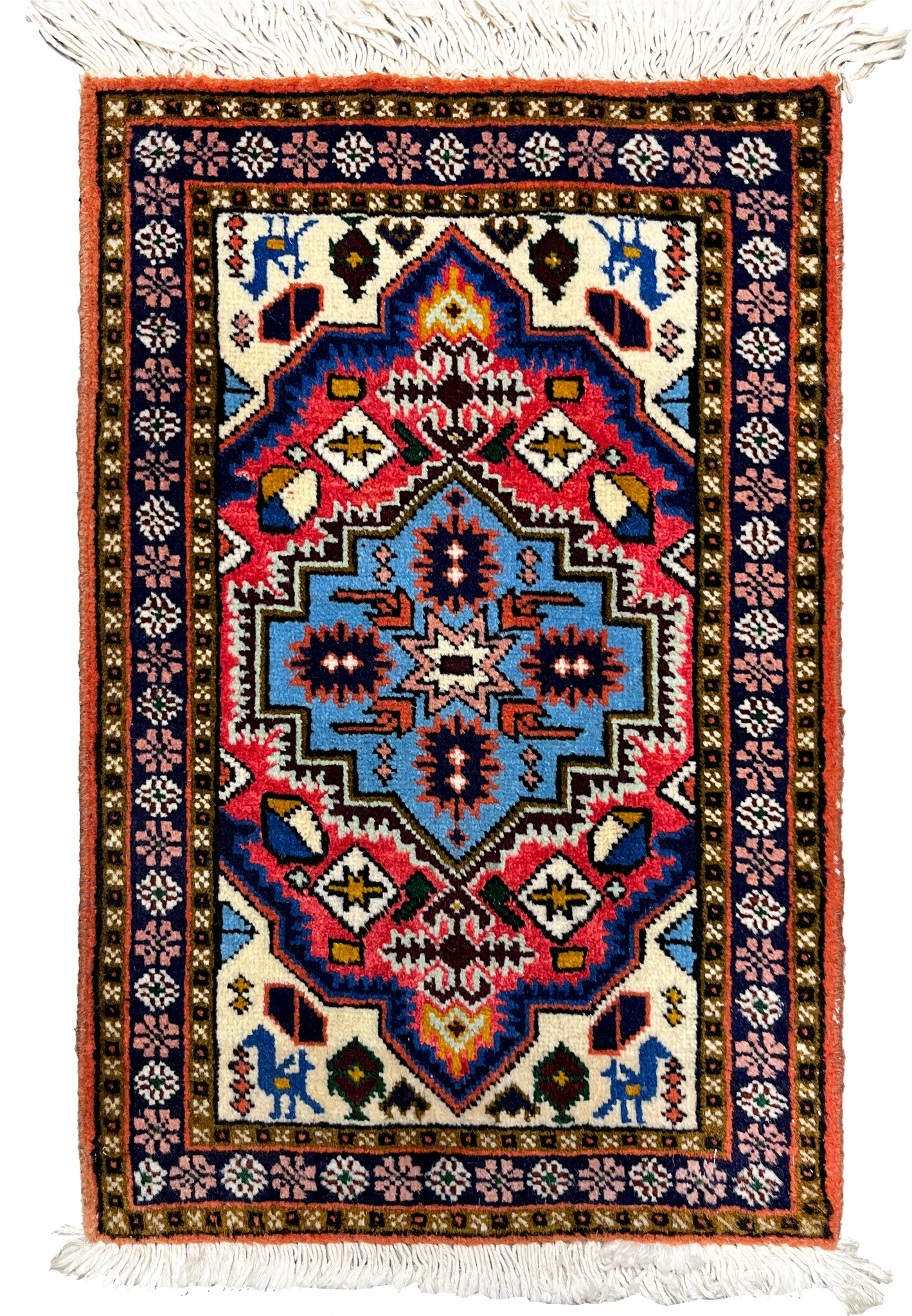 Stepped sky-blue medallion with serrated pink star center on raspberry field, Persian Ardebil baby rug full view
