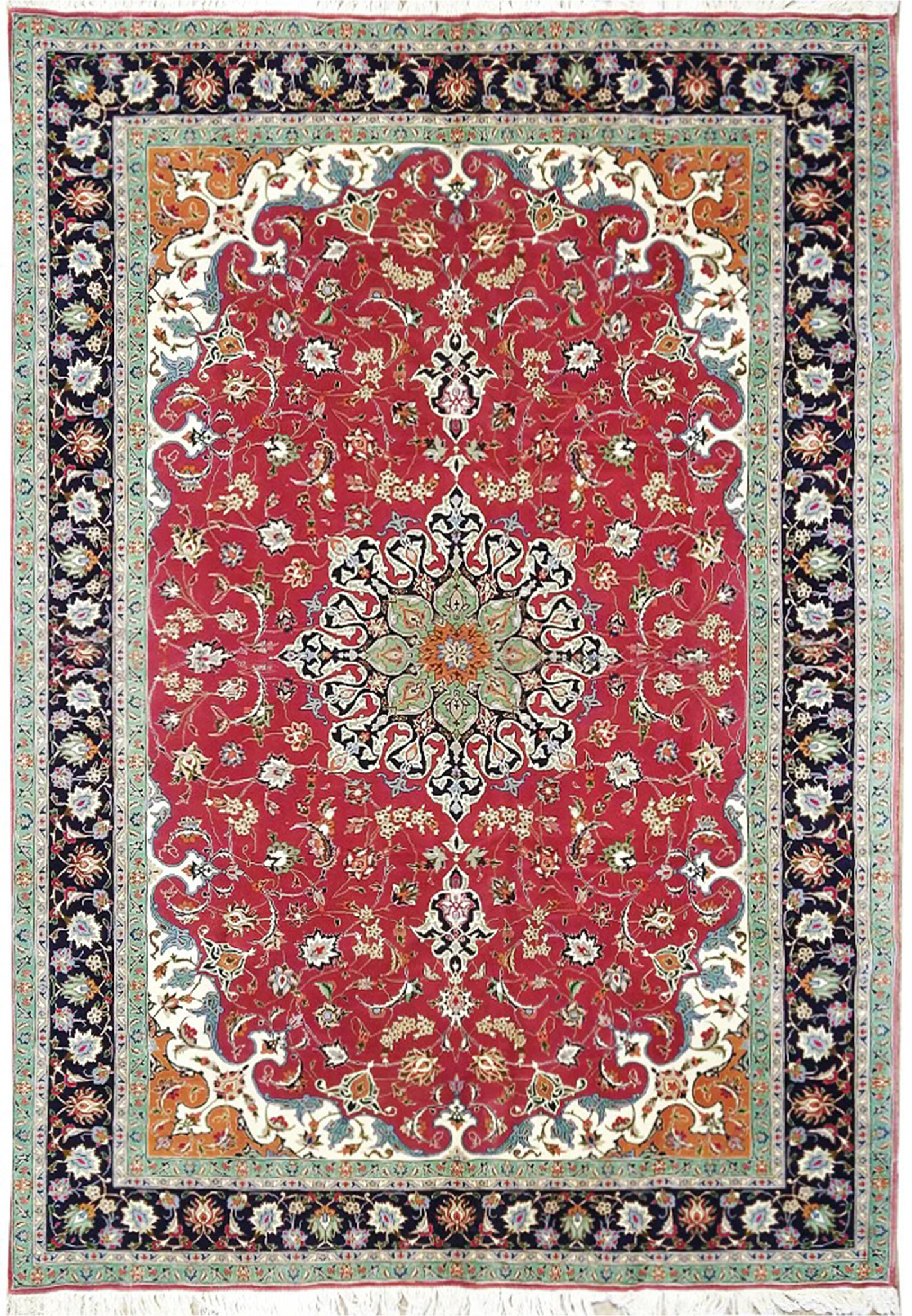 6'9 x 9'10 Persian Tabriz 60 raj rug, wool and silk on silk foundation, raspberry red field with mint medallion