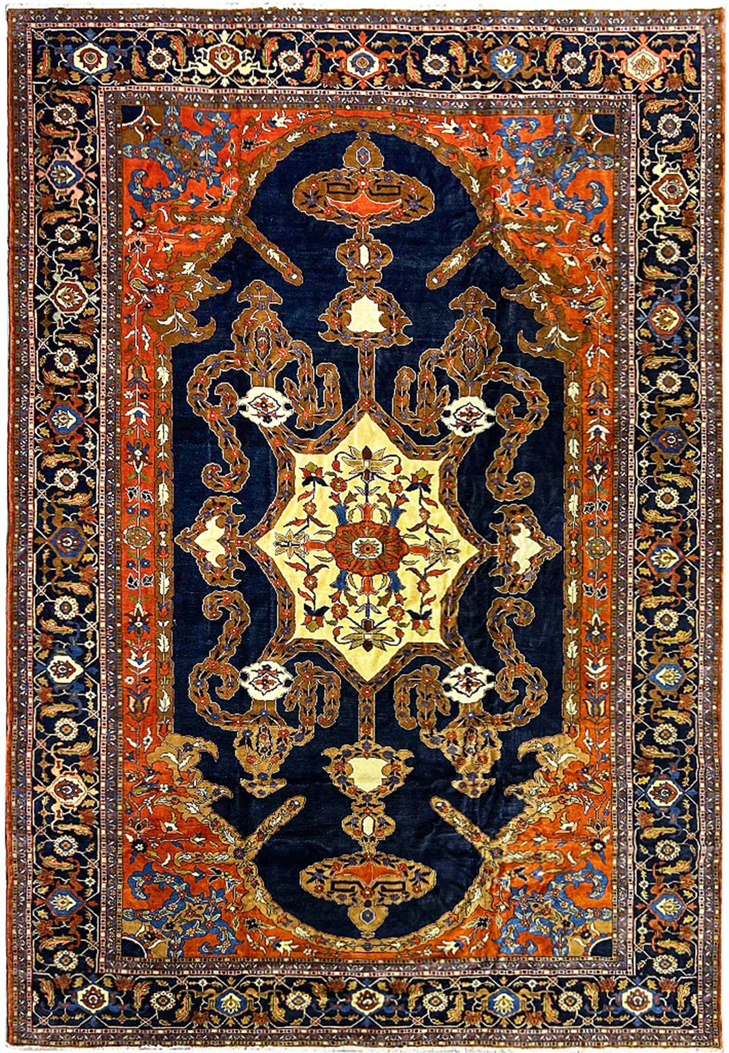14'2 x 19'2 oversize Persian Heriz rug with navy field and ivory star medallion